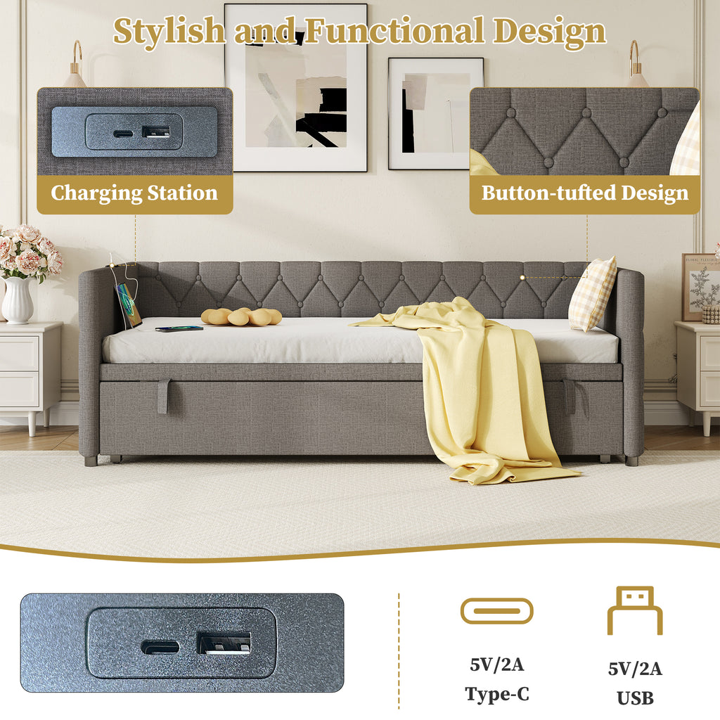 Upholstered Daybed, Sofa Bed with Charging Station, 3ft Single Button-tufted Bed with USB and Type - C Ports, Pull out Trundle Bed for Living Room/ Bedroom/ Study Room, Linen, Grey (No Mattress)