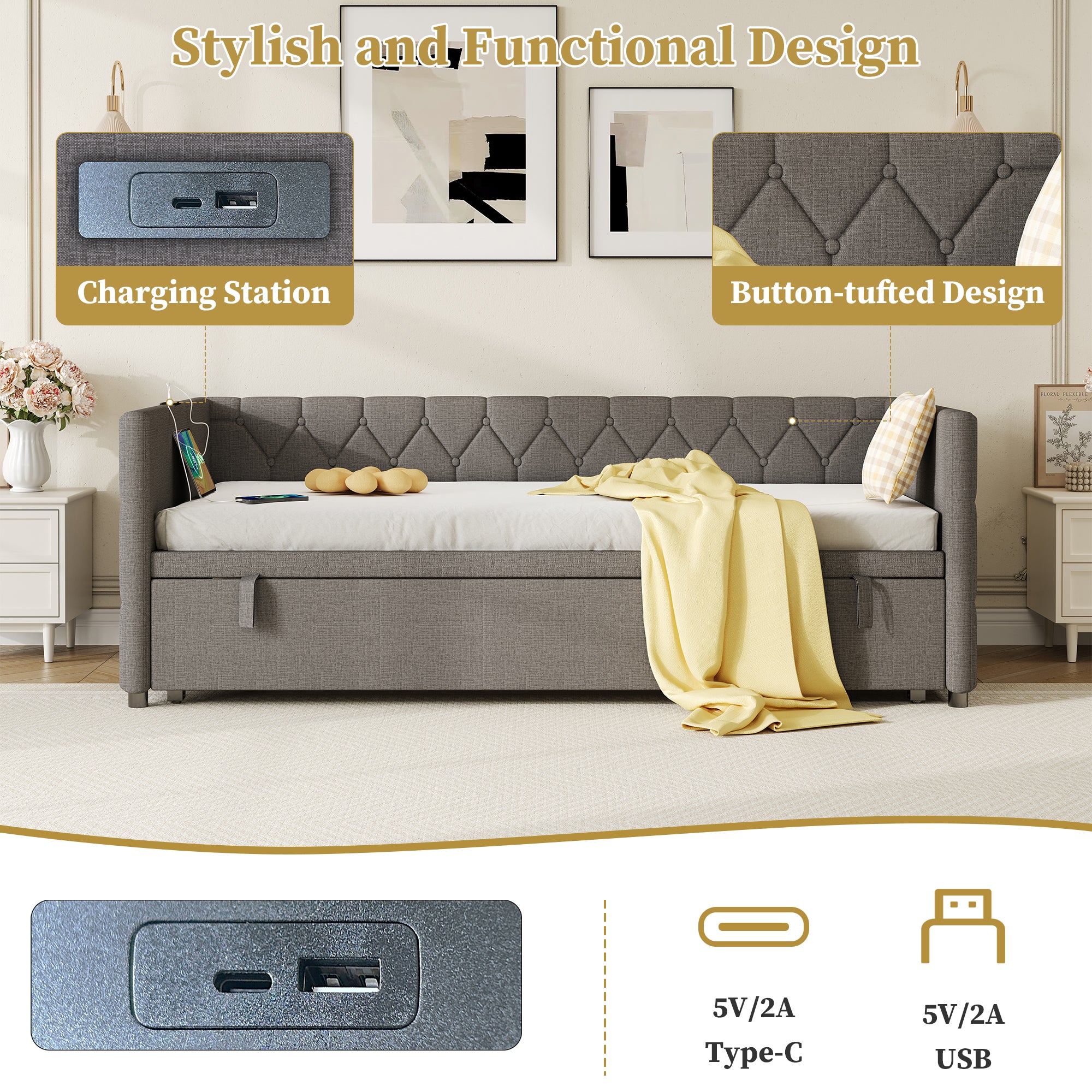 Upholstered Daybed, Sofa Bed with Charging Station, 3ft Single Button-tufted Bed with USB and Type - C Ports, Pull out Trundle Bed for Living Room/ Bedroom/ Study Room, Linen, Grey (No Mattress)