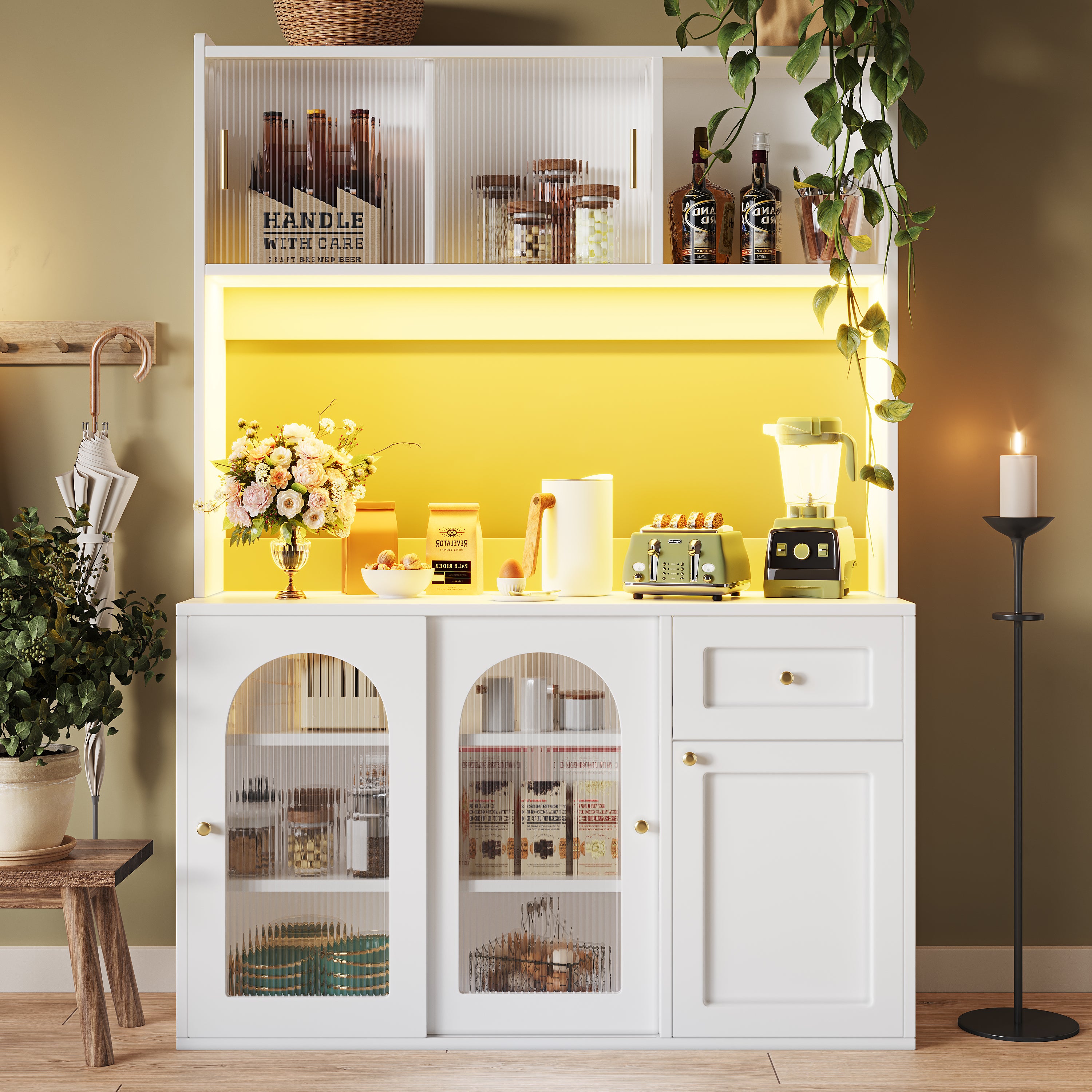 Kitchen Cabinet(120*35*167cm), Tall Cabinet, Display Cabinet, Buffet Cabinet with Adjustable Shelves, Dining Room Cabinet, Sideboard with LED Lighting, White/Black