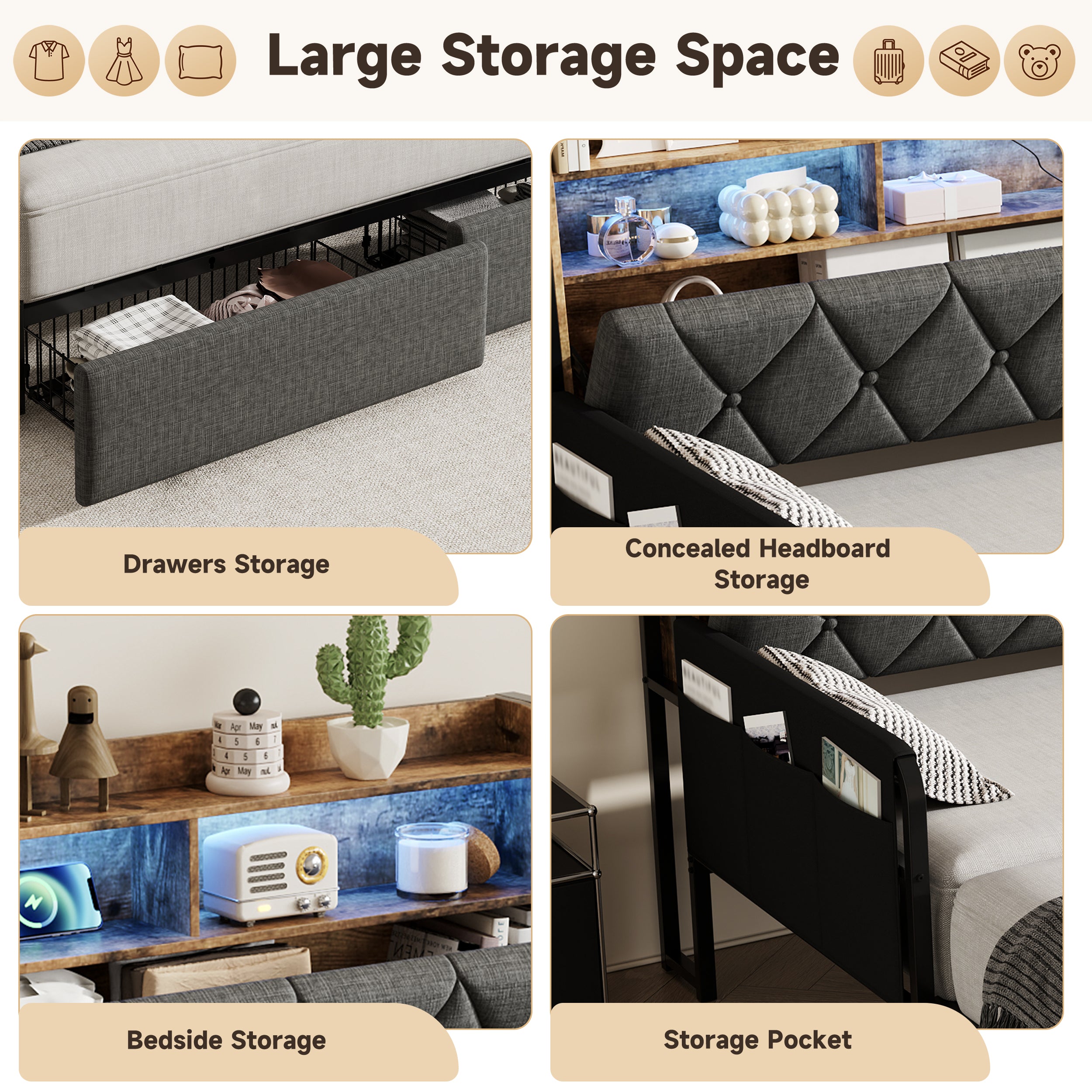 3ft Single Daybed with Pull-out Trundle and Storage Drawer, Walnut Wood Sofa Bed with LED Lighting and Charging Station, Concealed Headboard Storage, Reversible Side Pocket, Linen, Grey (No Mattress)