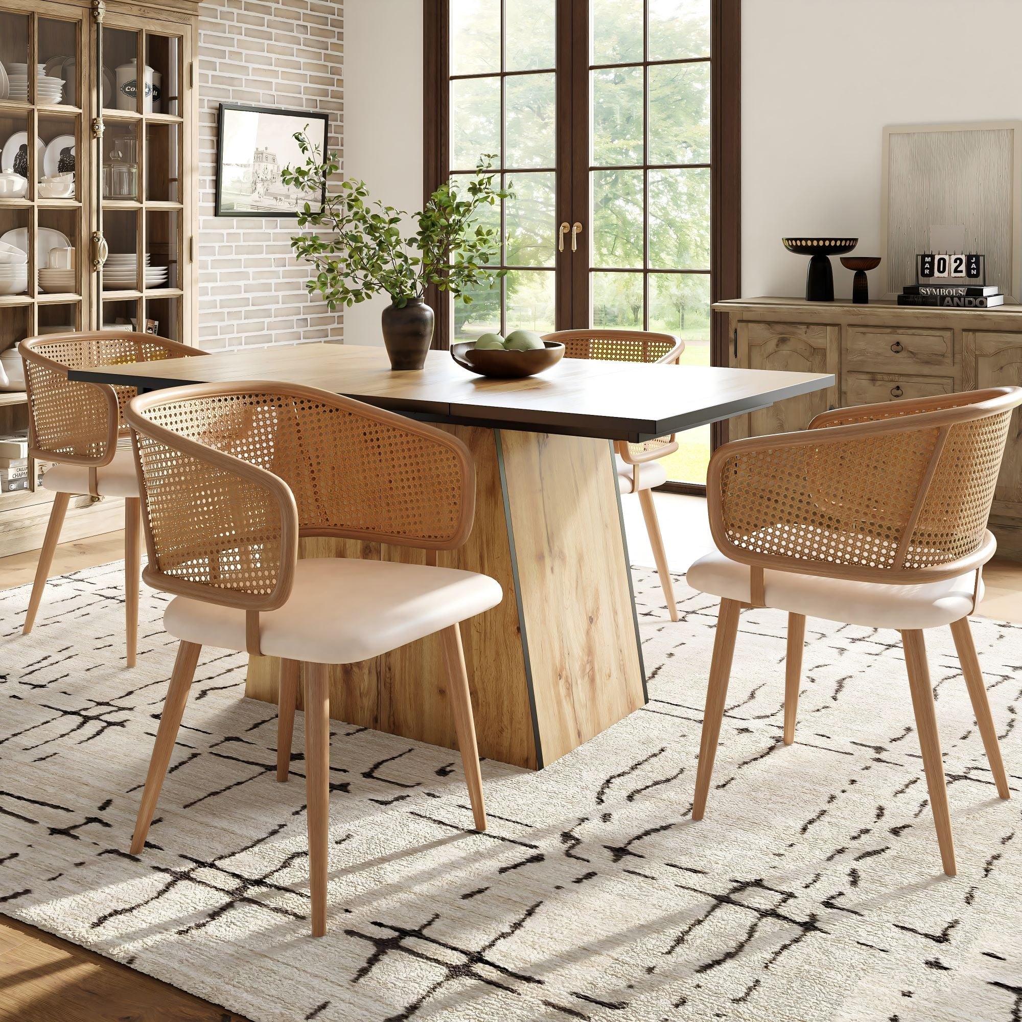 Modern Dining Chairs (2 pcs) with Rattan Backrest & PU Leather Seat, Breathable and Comfortable Dining Chairs for Restaurant, Living Room, Café , Contemporary Simple Style, Beige