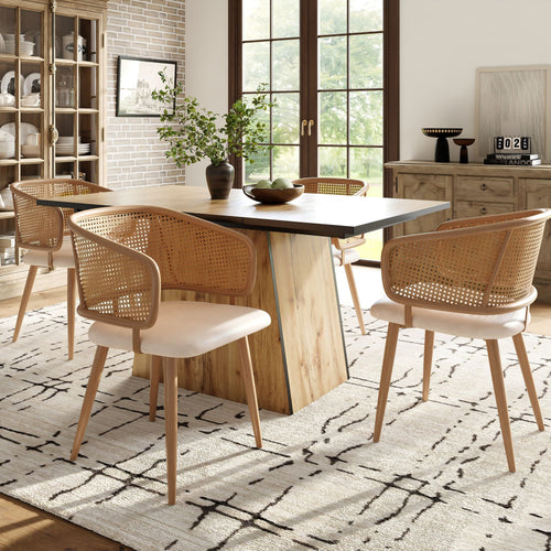 Modern Dining Chairs (2 pcs) with Rattan Backrest & PU Leather Seat, Breathable and Comfortable Dining Chairs for Restaurant, Living Room, Café , Contemporary Simple Style, Beige