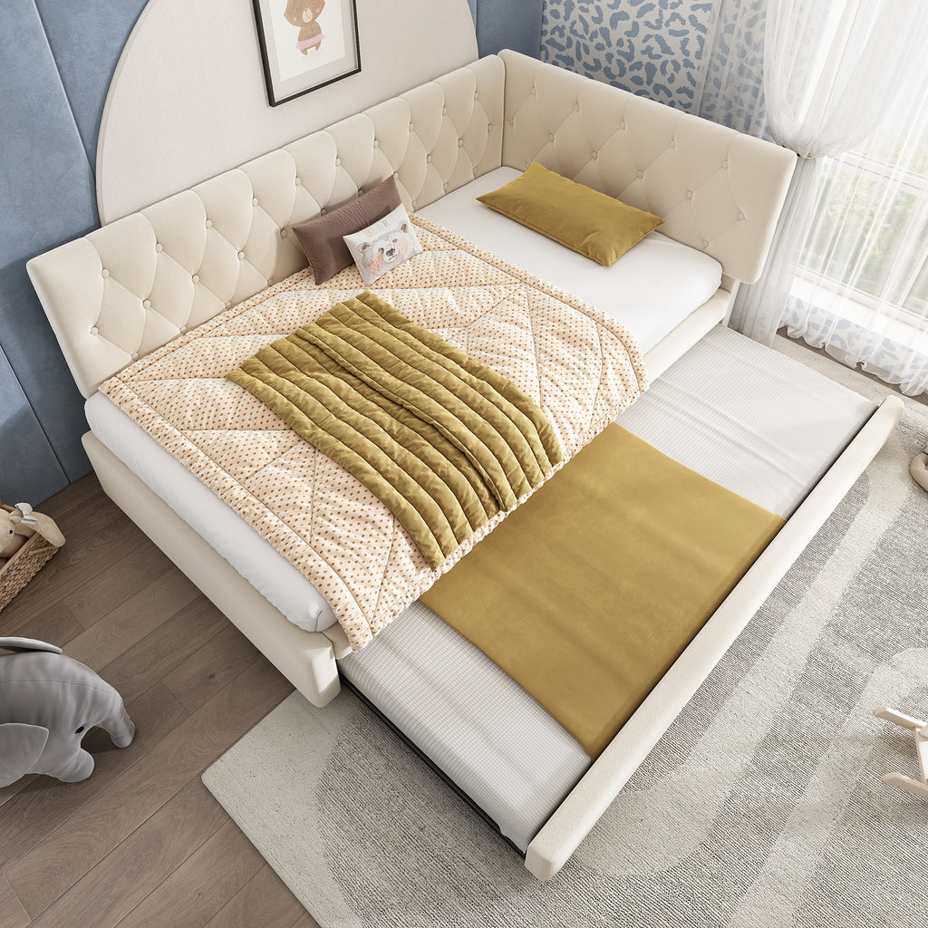 Upholstered Bed Daybed with Pull-Out Bed, 3FT Single Sofa Bed 90 x 190 cm, Ottoman Bed Trundle Beds for Adults and Kids, Bed with Slatted Frame, Velvet, Beige (No Mattress)