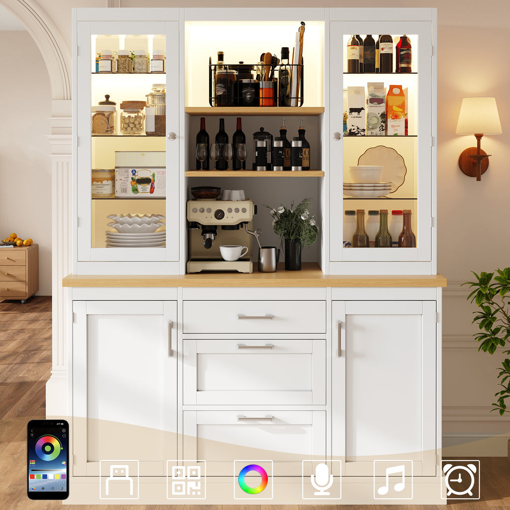 Kitchen Pantry Cabinet with App-Controlled LED Lights, 185cm Tall Storage Cabinet with Glass Doors, Drawers & Worktop, White