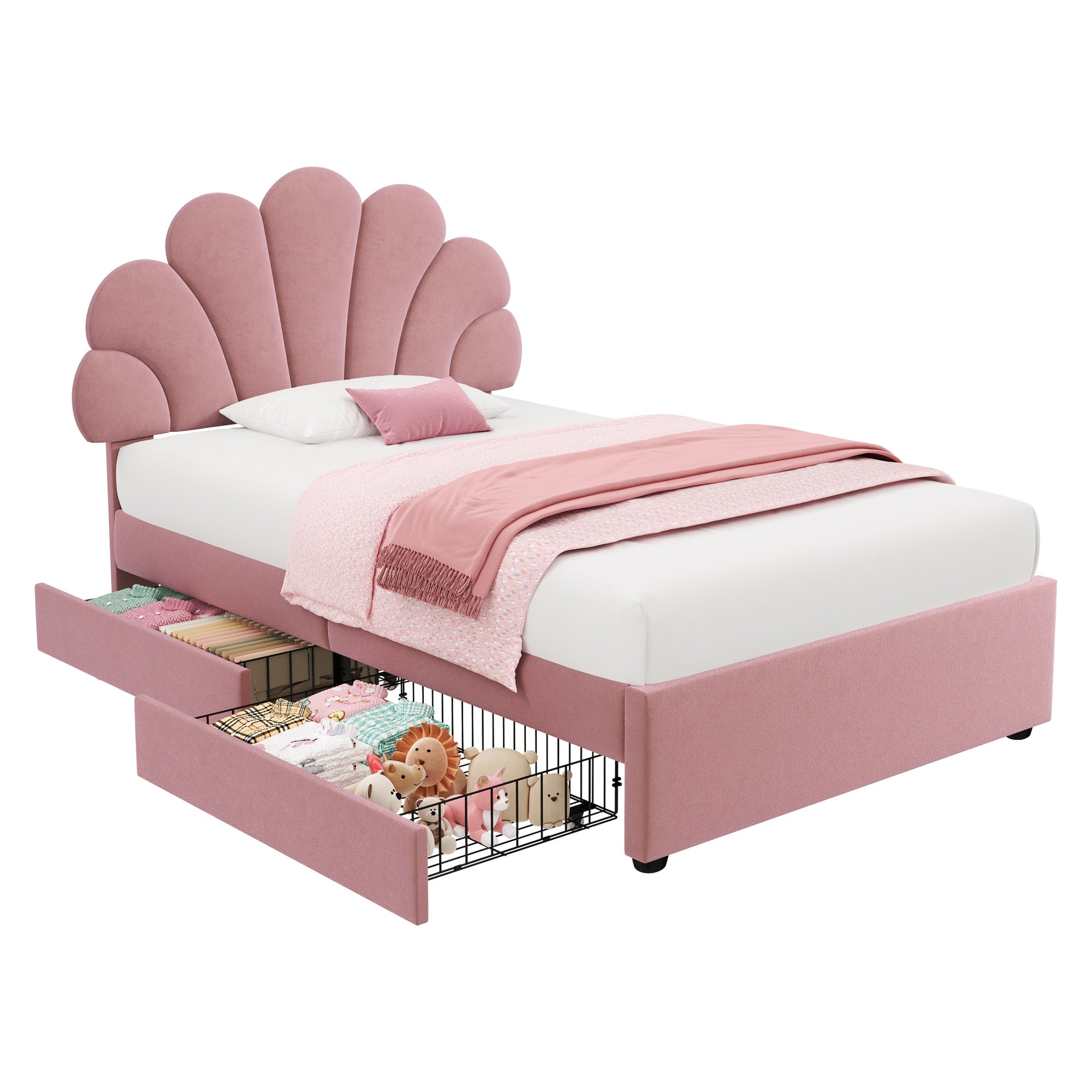 3ft Single Upholstered Bed with Adjustable Chic Petal Headboard, Soft Velvet Bed Frame with 2 Storage Drawers, Petal Bed with Solid Wood Slat, No Box Spring Needed, Easy Assembly, Pink (No Mattress)
