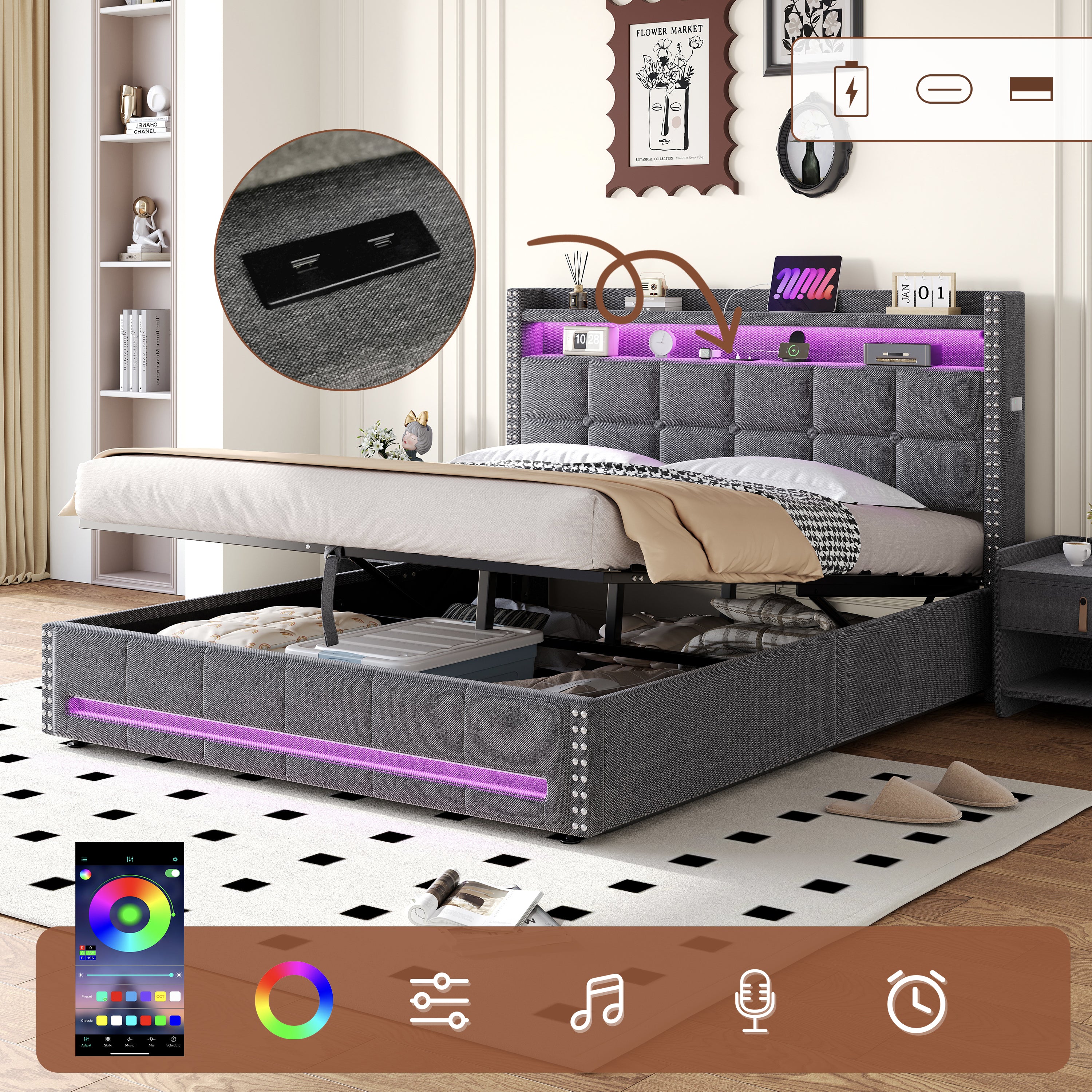 5ft King Upholstered Bed with Hydraulic Storage, LED Rivet  Storage Bed with Charging Station, Button Tufted Headboard with USB and Type - C Ports, No Box Spring Needed, Linen,  Grey (No Mattress)