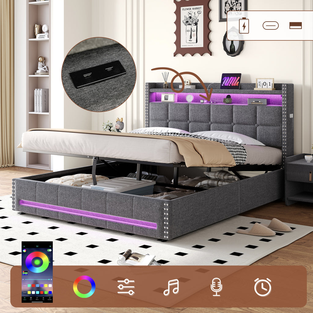4ft6 Double Upholstered Bed with Hydraulic Storage, LED Rivet  Storage Bed with Charging Station, Button Tufted Headboard with USB and Type - C Ports, No Box Spring Needed, Linen,  Grey (No Mattress)