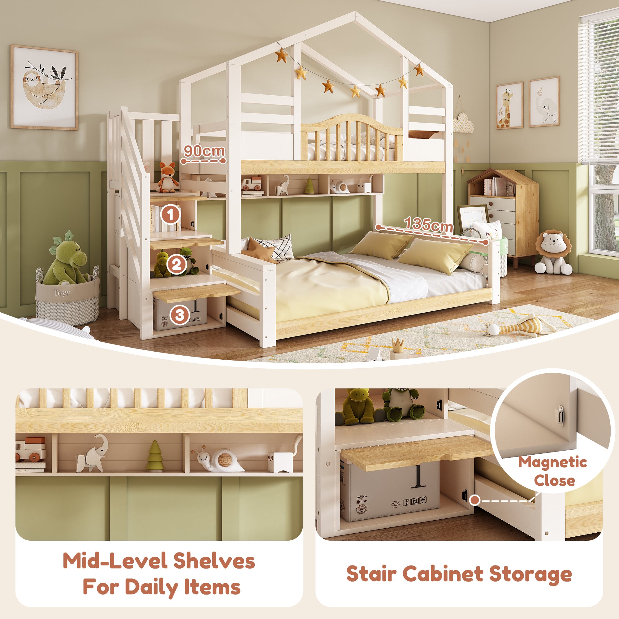 Bunk Beds for Kids, Staircase Bunk with Storage Space, Small House-shaped Children's Bed, Double Bunk Bed for Family with Multiple Children, (90+135) x 190 cm, Solid Wood, White & Natural