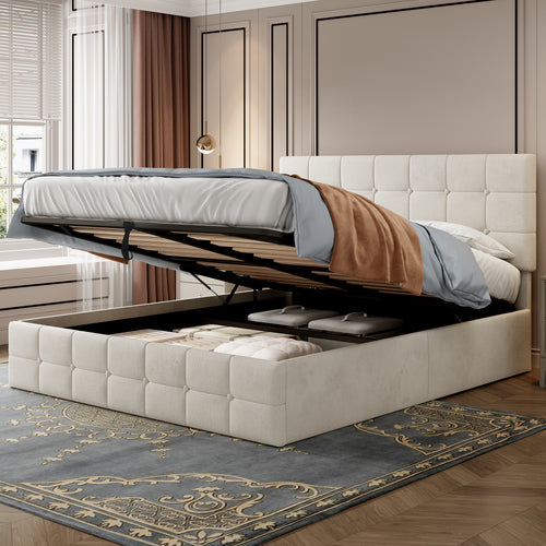 Double Upholstered Storage Bed Frame, Velvet Ottoman Bed with Hydraulic Storage, Double Bed with Adjustable Button Tufted Headboard, Metal-Wood Support, No Mattress, Beige