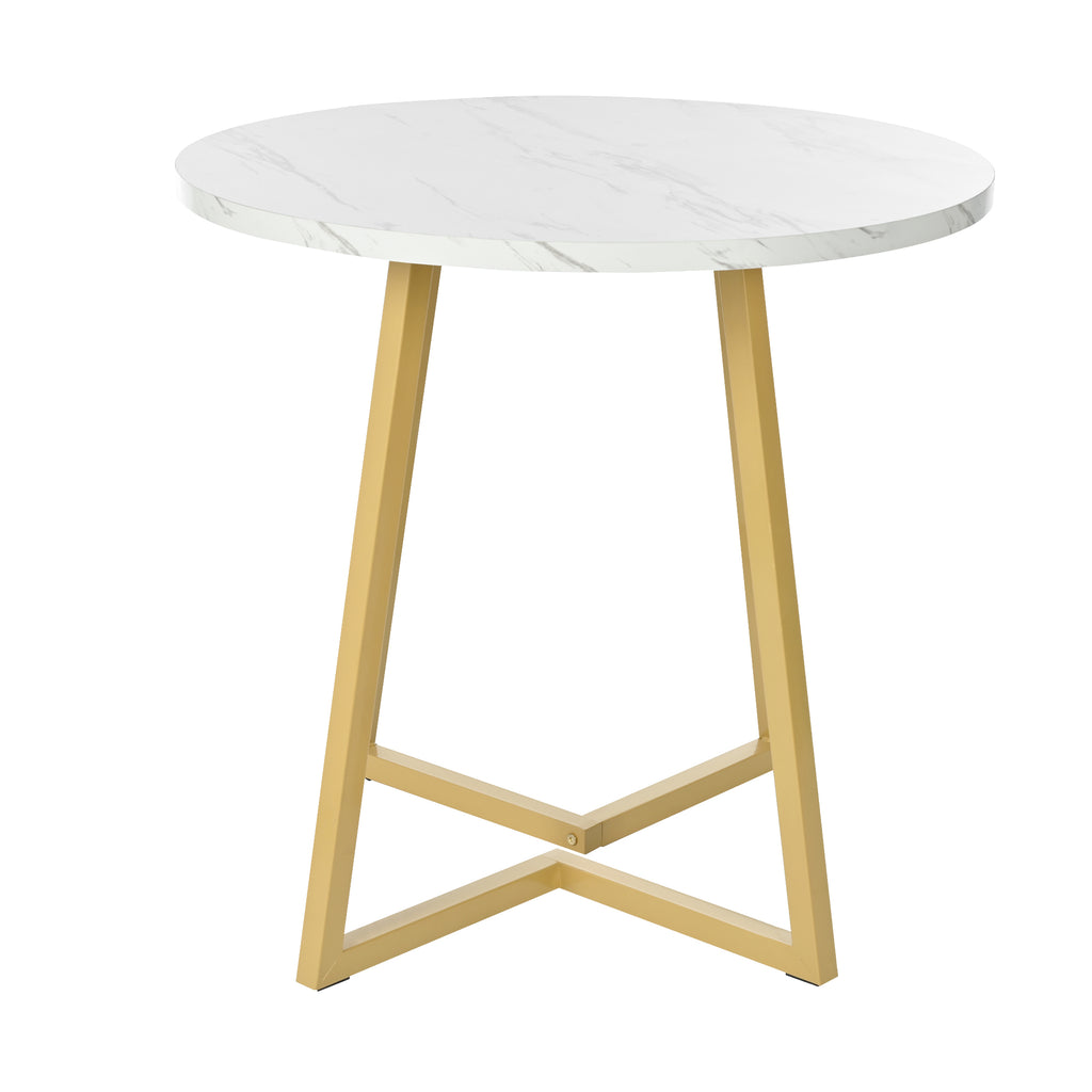 Modern metal frame marble pattern round coffee table (80*80*75cm) with gold stand, suitable for small dining table in living room and bedroom