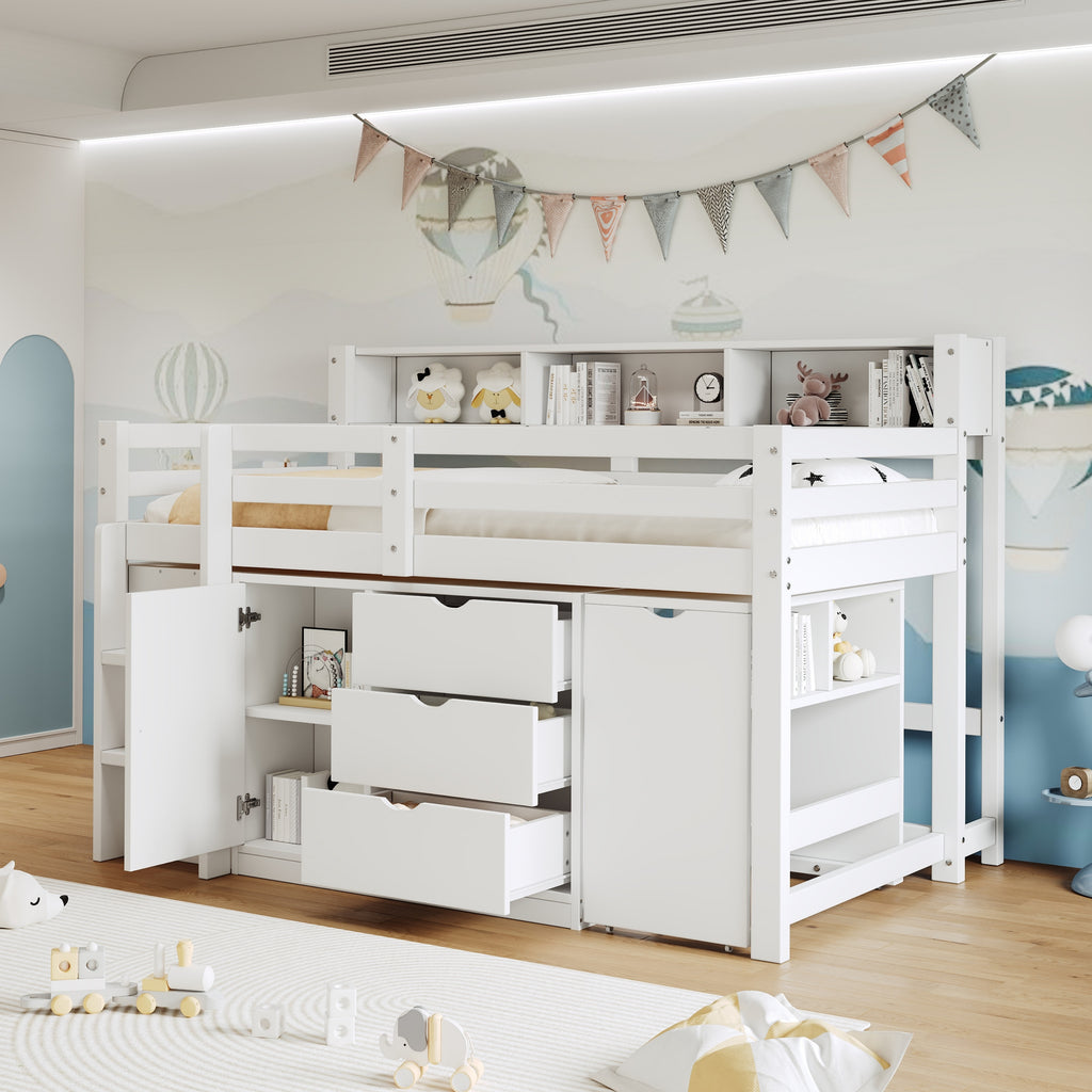 3ft Single Wooden Storage Bed with Pull-out Desk, Modern Wood Bed with Three Drawers, Storage Cabinet & Headboard Shelves, Space-saving Design with Storage Compartment, White (No Mattress)