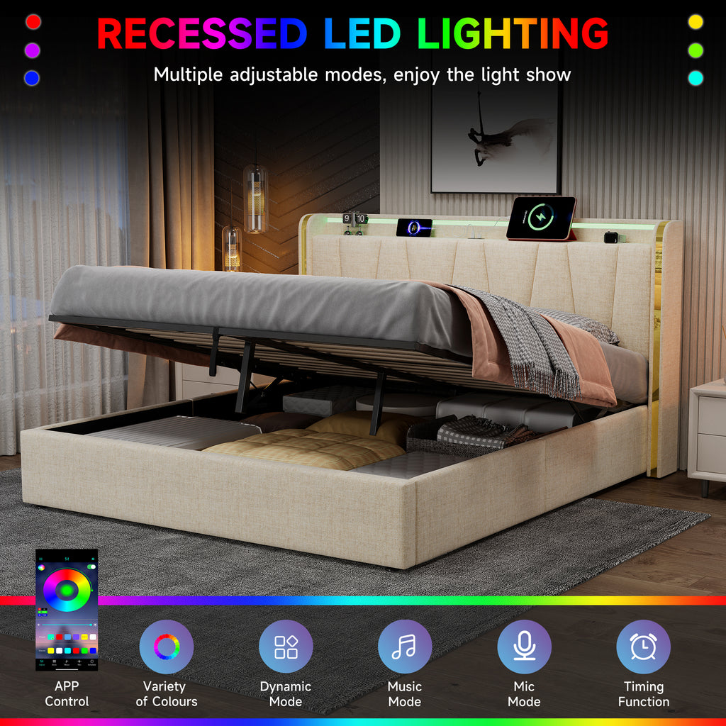5ft King Upholstered Bed Frame with Hydraulic Storage, LED Headboard with Charging Station and Chrome Trim, USB and Type-C Ports, Linen, No Box Spring Needed, Beige (No Mattress)