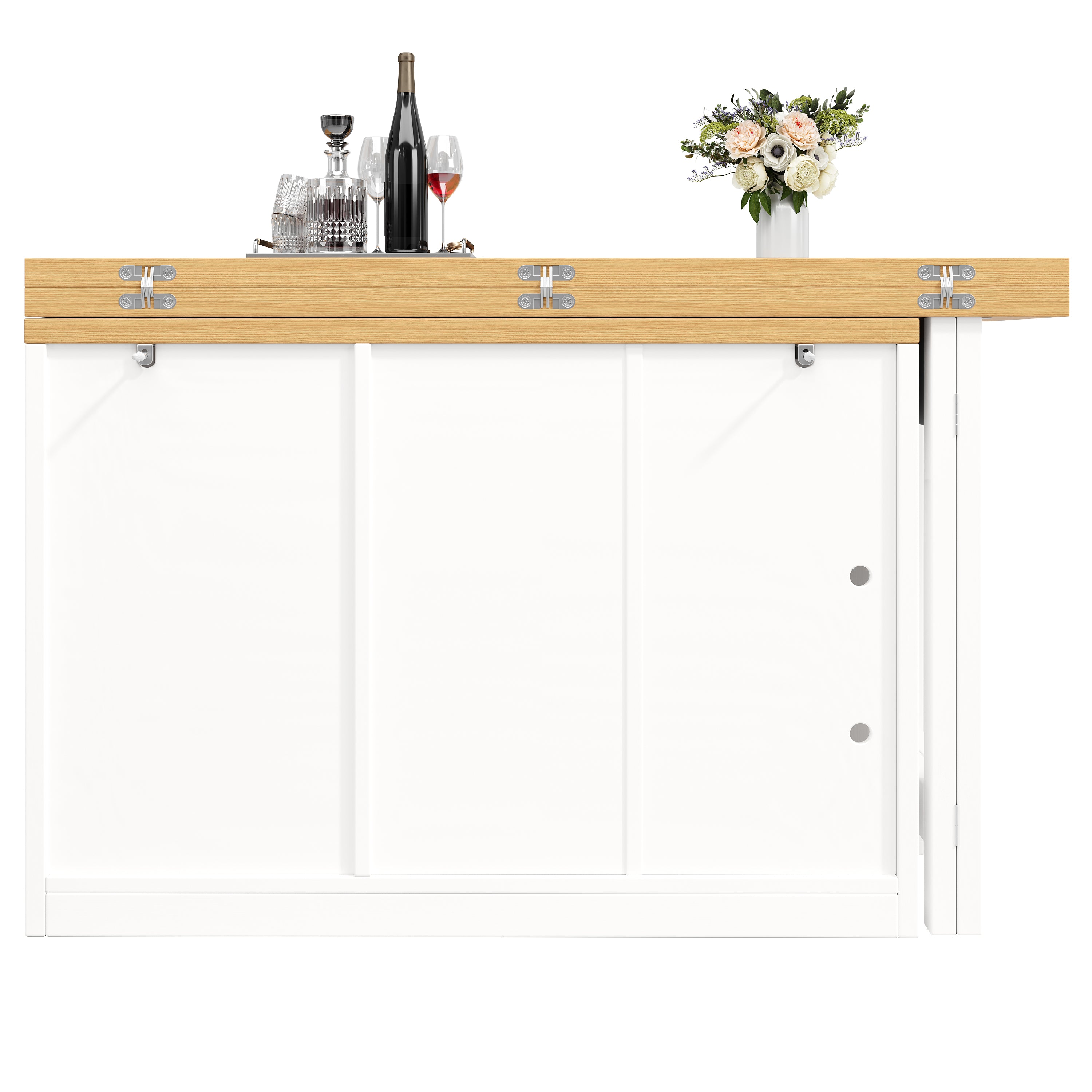 Extendable kitchen island dining table 120–194cm, 360° rotating tabletop, with glass doors, drawers & door snack shelves, white