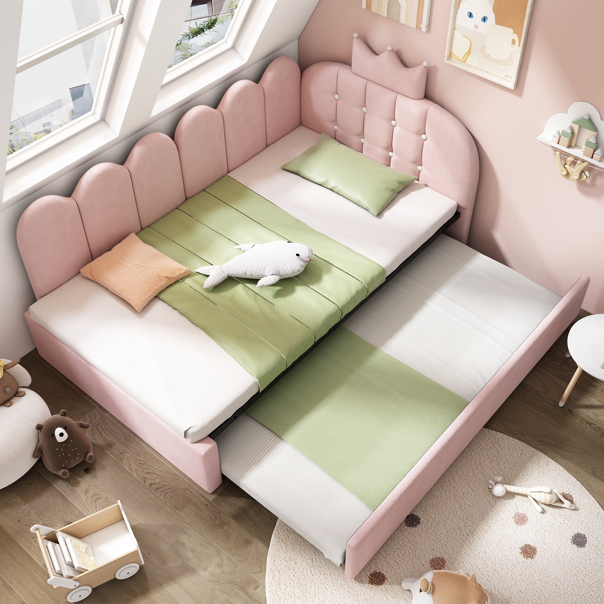 Upholstered Daybed with Pull-Out Bed, Crown-shaped Trundle Bed, 3FT Single Sofa Bed 90 x 190 cm, Guest Beds for Adults & Children, Bed with Metal Slatted Frame, Velvet, Pink (No Mattress)