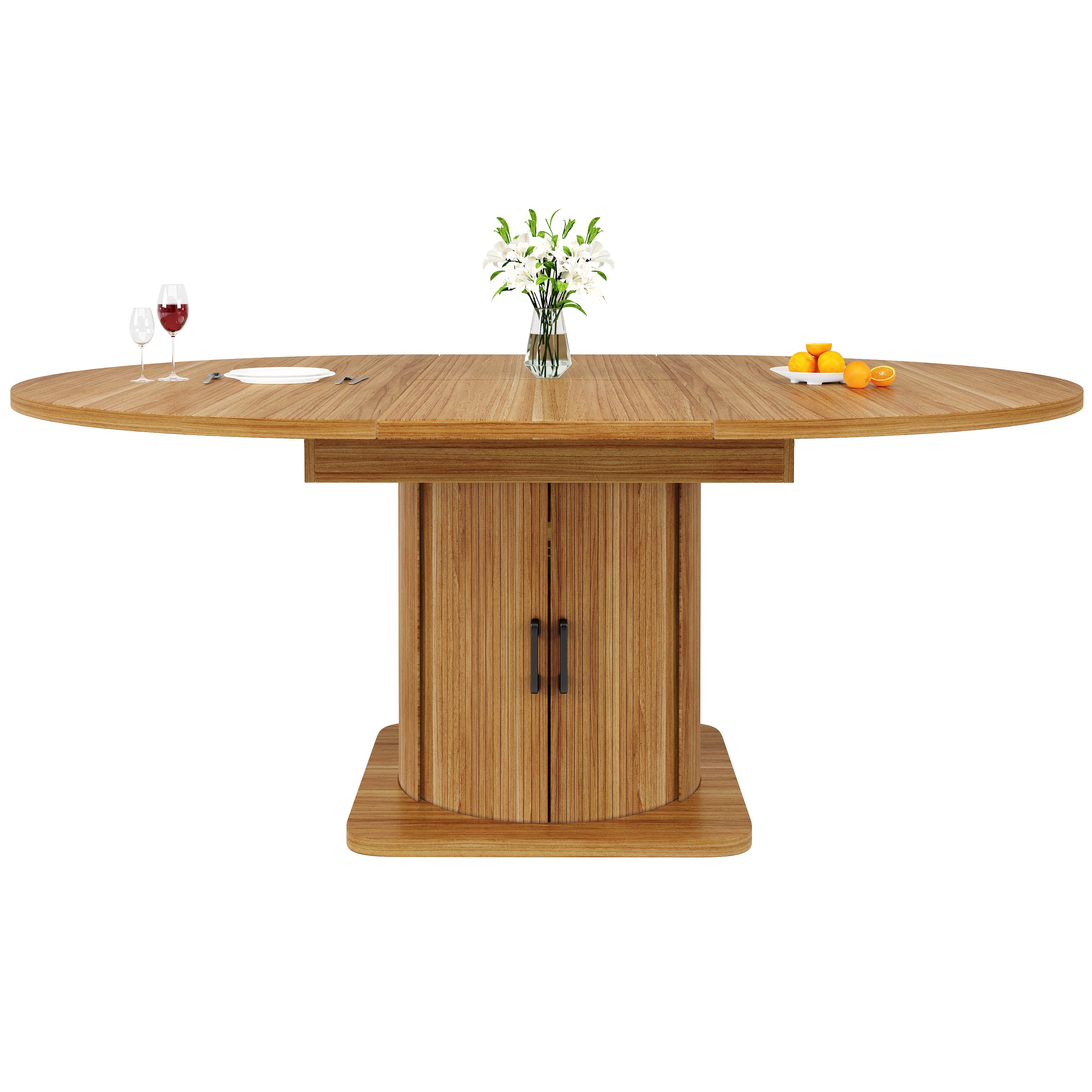 Extendable dining table, dining room table, kitchen table, round dining table, extends to oval, 118-158 cm, seats up to 6 people, dining table with drawers, dark brown