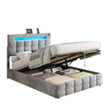 4ft6 Double Upholstered Bed Frame with Hydraulic Storage, Velvet Ottoman Bed with LED Lighting and Charging Station,  Double Bed with Adjustable Button Tufted Headboard, No Box Spring Needed, Grey