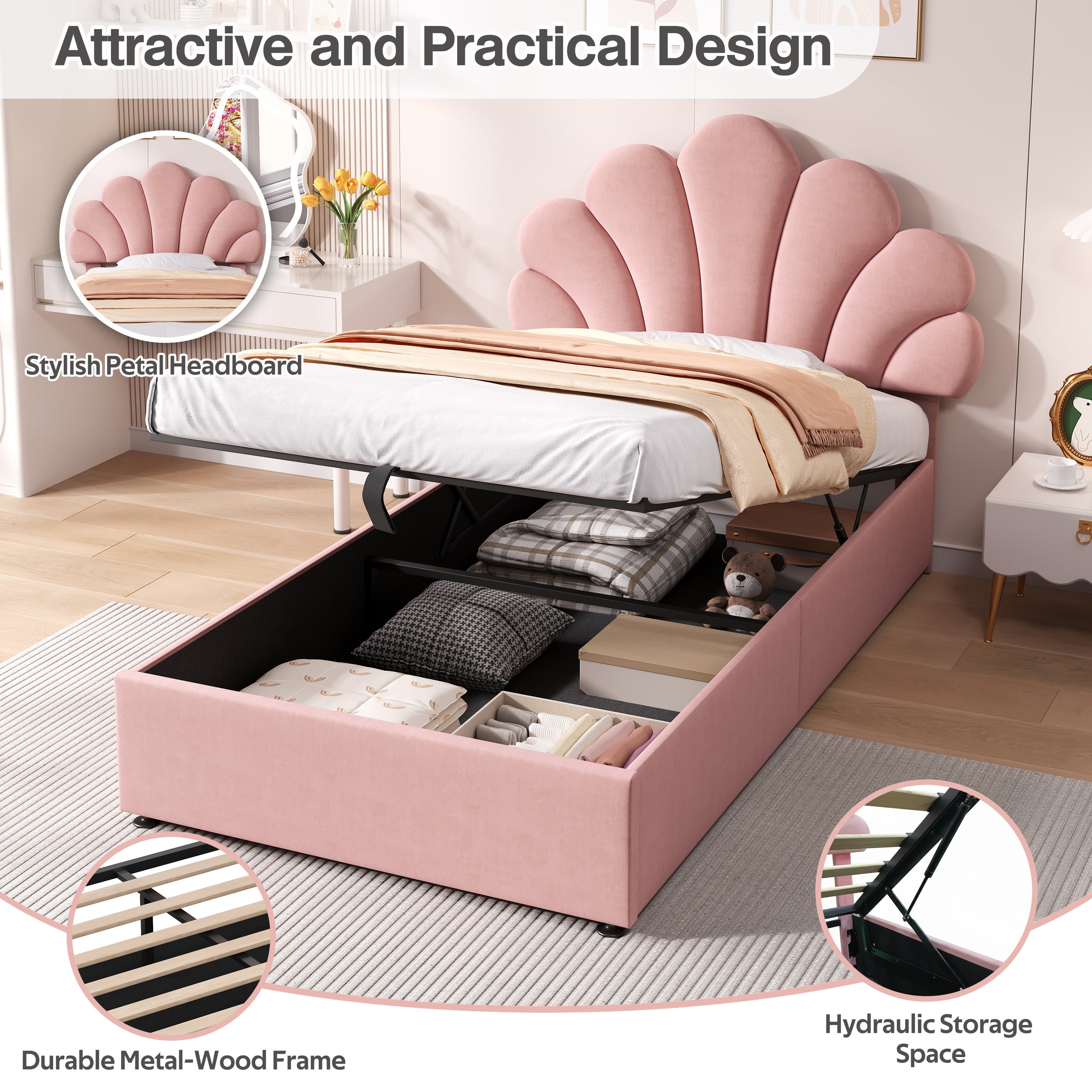 3ft Single Upholstered Hydraulic Bed with Adjustable Chic Petal Headboard, Soft Velvet Bed Frame with Hydraulic Storage, Petal Bed with Solid Wood Slat, No Box Spring Needed, Pink (No Mattress)
