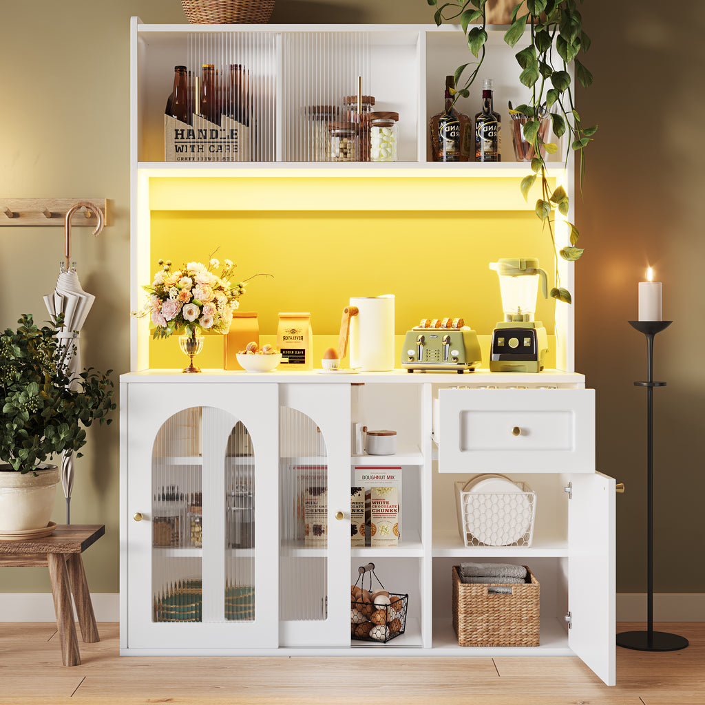 Kitchen Cabinet(120*35*167cm), Tall Cabinet, Display Cabinet, Buffet Cabinet with Adjustable Shelves, Dining Room Cabinet, Sideboard with LED Lighting, White/Black