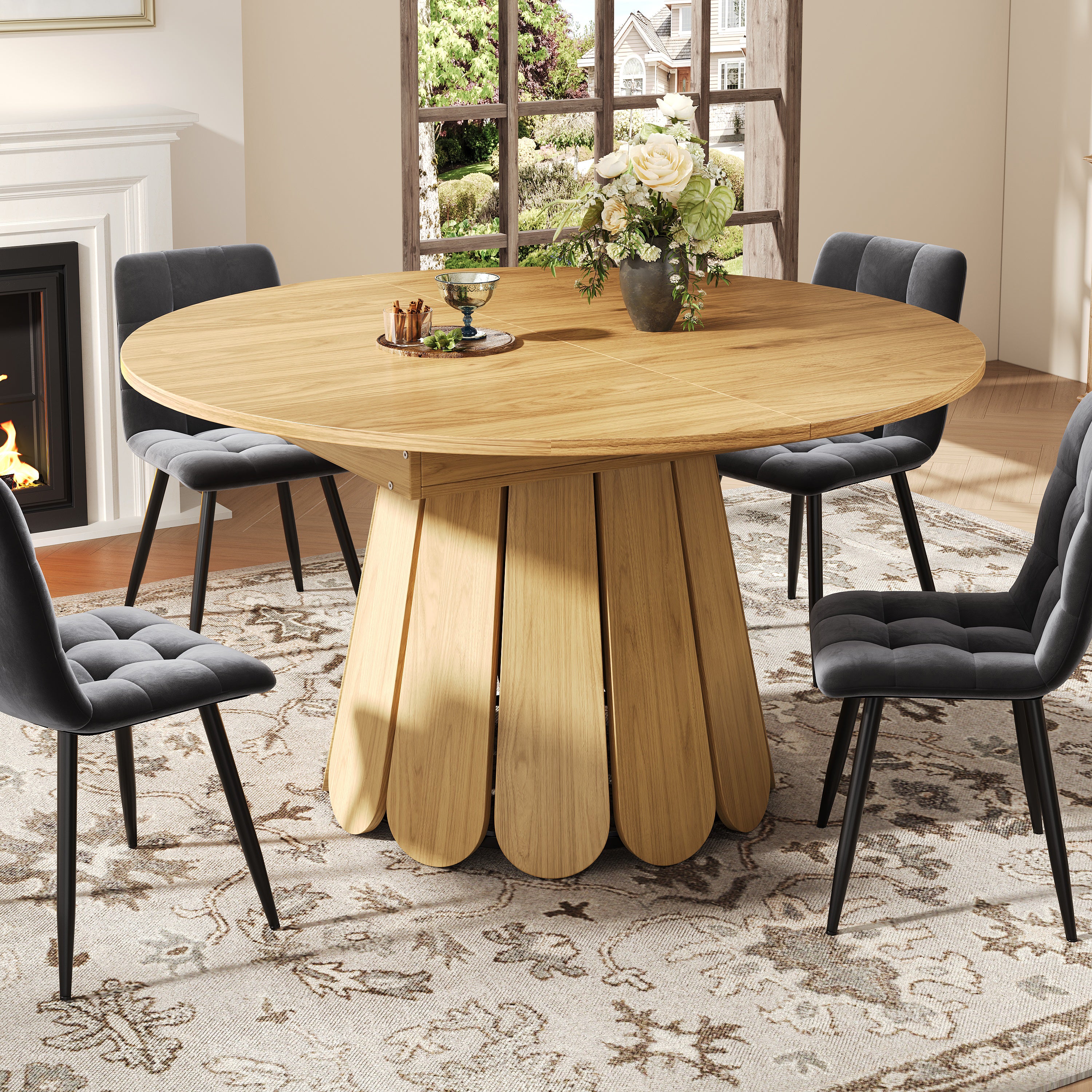 Extendable dining table, dining room table, kitchen table, balcony table, wooden dining table Round dining table, extends to oval, 118–158 cm, seats up to 6 people, natural color