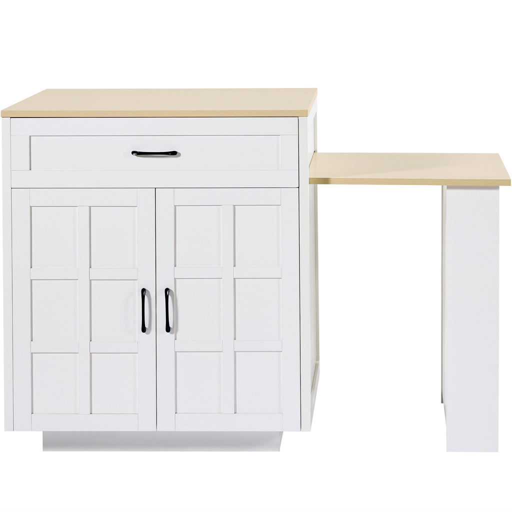 Extendable Bar Table with Storage (133–202 × 70 × 93.5 cm), with Two Drawers and Four Compartments, Expandable Kitchen Island Table for 2–6 People, Kitchen Dining Cart with Side Shelves, White.