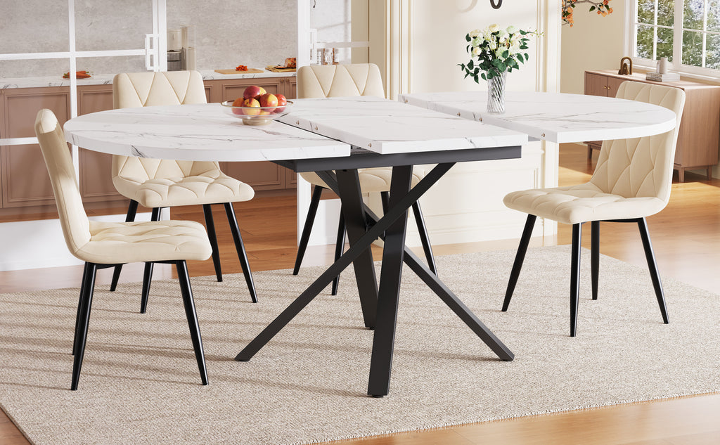 Extendable dining table 100-140cm, round-oval table, stable X-metal frame, adjustable feet, white&black