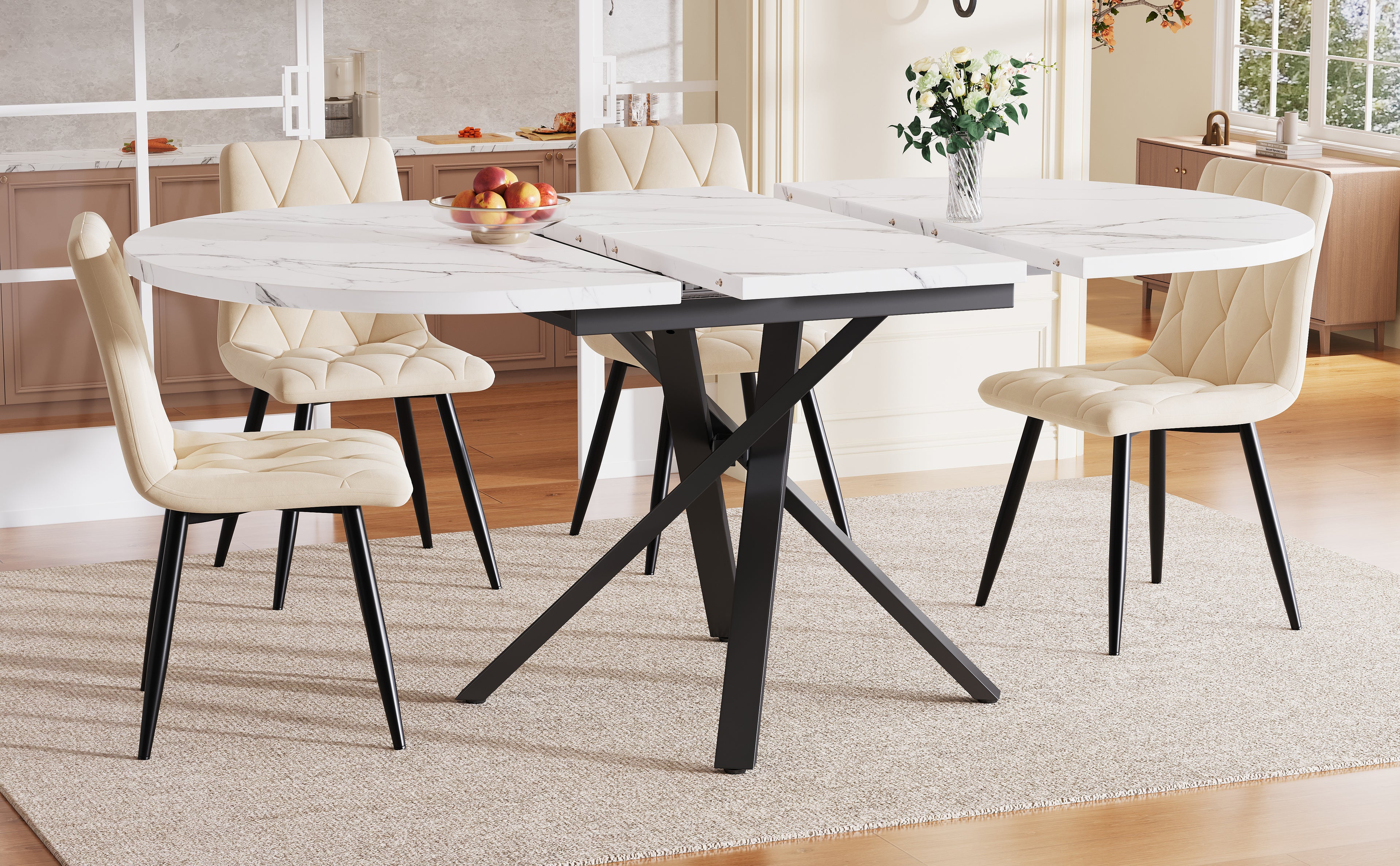 Extendable dining table 100-140cm, round-oval table, stable X-metal frame, adjustable feet, white&black