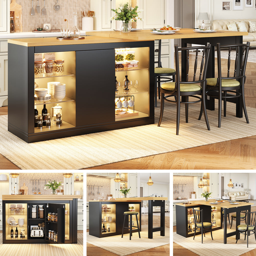 Extendable Sideboard with LED Lights, 120-197 cm Adjustable Dining Table with Storage, Kitchen cabinet with glass shelves & snack rack, White/Black