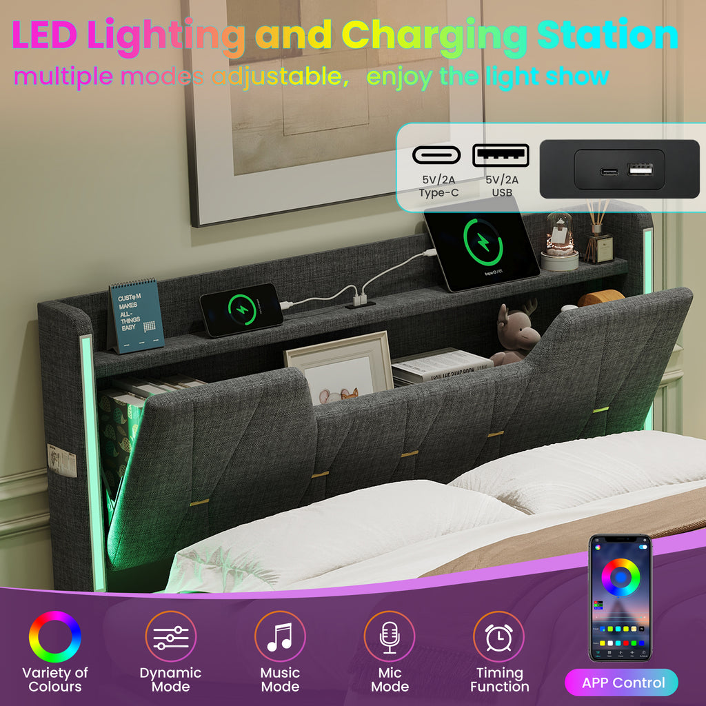 4ft6 Double Upholstered Bed Frame with Hydraulic Storage,  LED X-Shape Headboard with Charging Station and Flip-top Headboard Storage, USB and Type - C Ports, Linen, Grey (No Mattress)