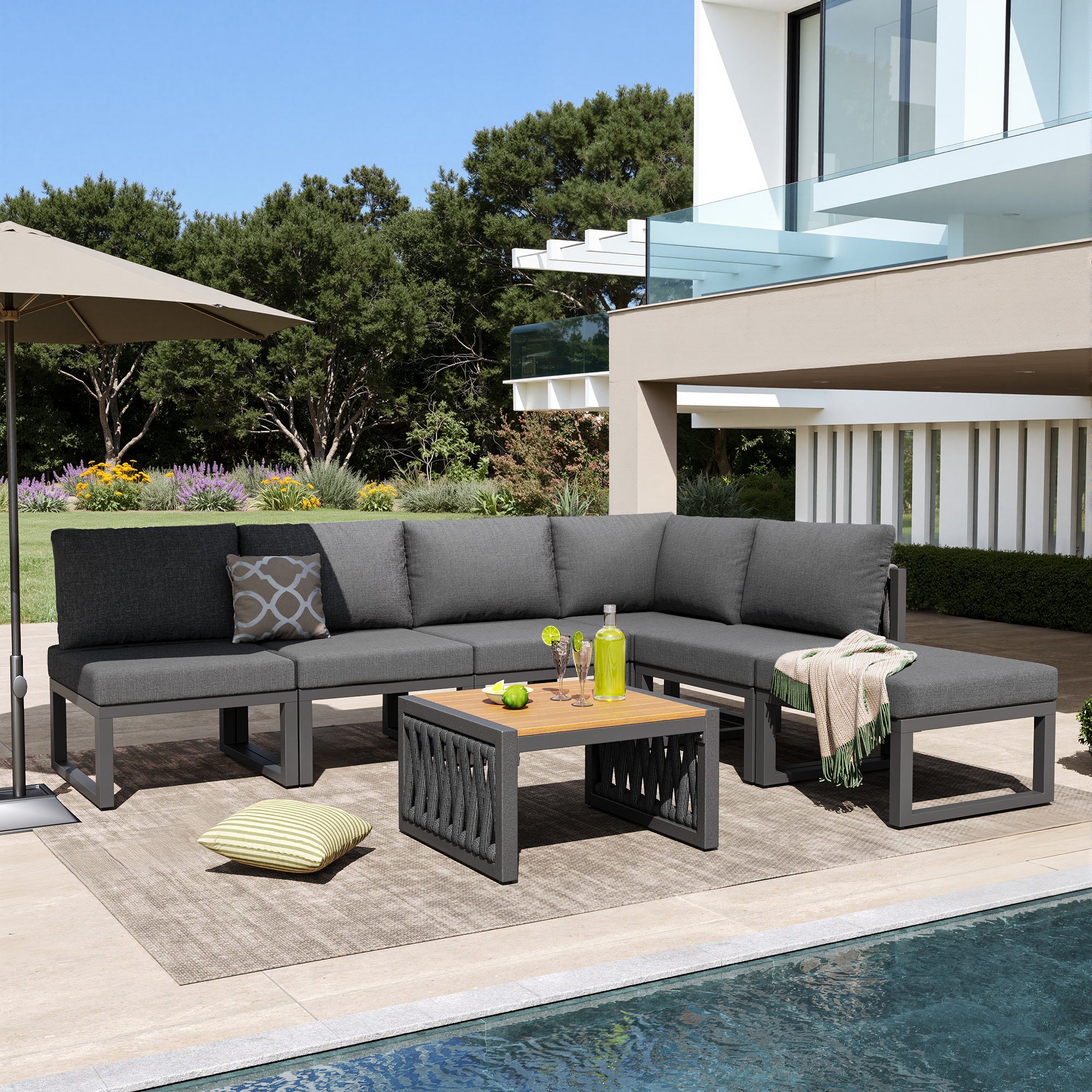 Garden Furniture Set with High-Quality Seat & Back Cushions, Garden Lounge Armchairs for 6 People, Outdoor Daybed, Adjustable Backrest Angle, Gray
