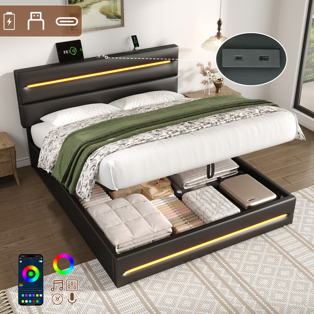 4ft6 Double Upholstered Bed Frame with Hydraulic Storage, PU Ottoman Bed with LED Lighting and Charging Station, LED Adjustable Headboard with USB and Type - C Ports, Black (No Mattress)