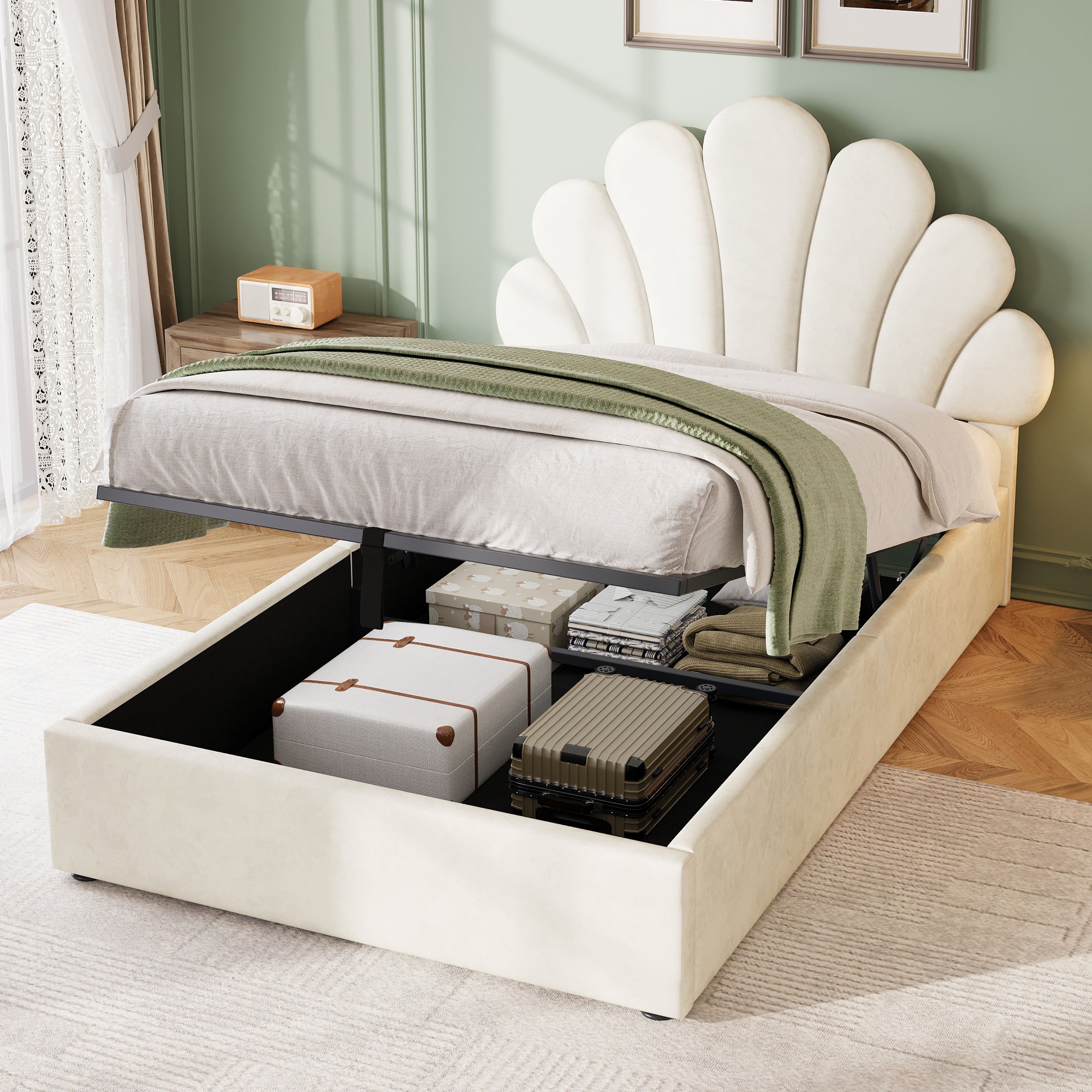 3ft Single Upholstered Hydraulic Bed with Adjustable Chic Petal Headboard, Soft Velvet Bed Frame with Hydraulic Storage, Petal Bed with Solid Wood Slat, No Box Spring Needed, Beige (No Mattress)