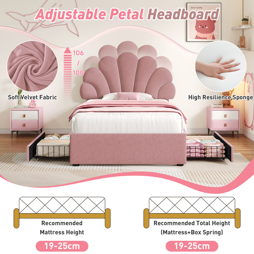 3ft Single Upholstered Bed with Adjustable Chic Petal Headboard, Soft Velvet Bed Frame with 2 Storage Drawers, Petal Bed with Solid Wood Slat, No Box Spring Needed, Easy Assembly, Pink (No Mattress)