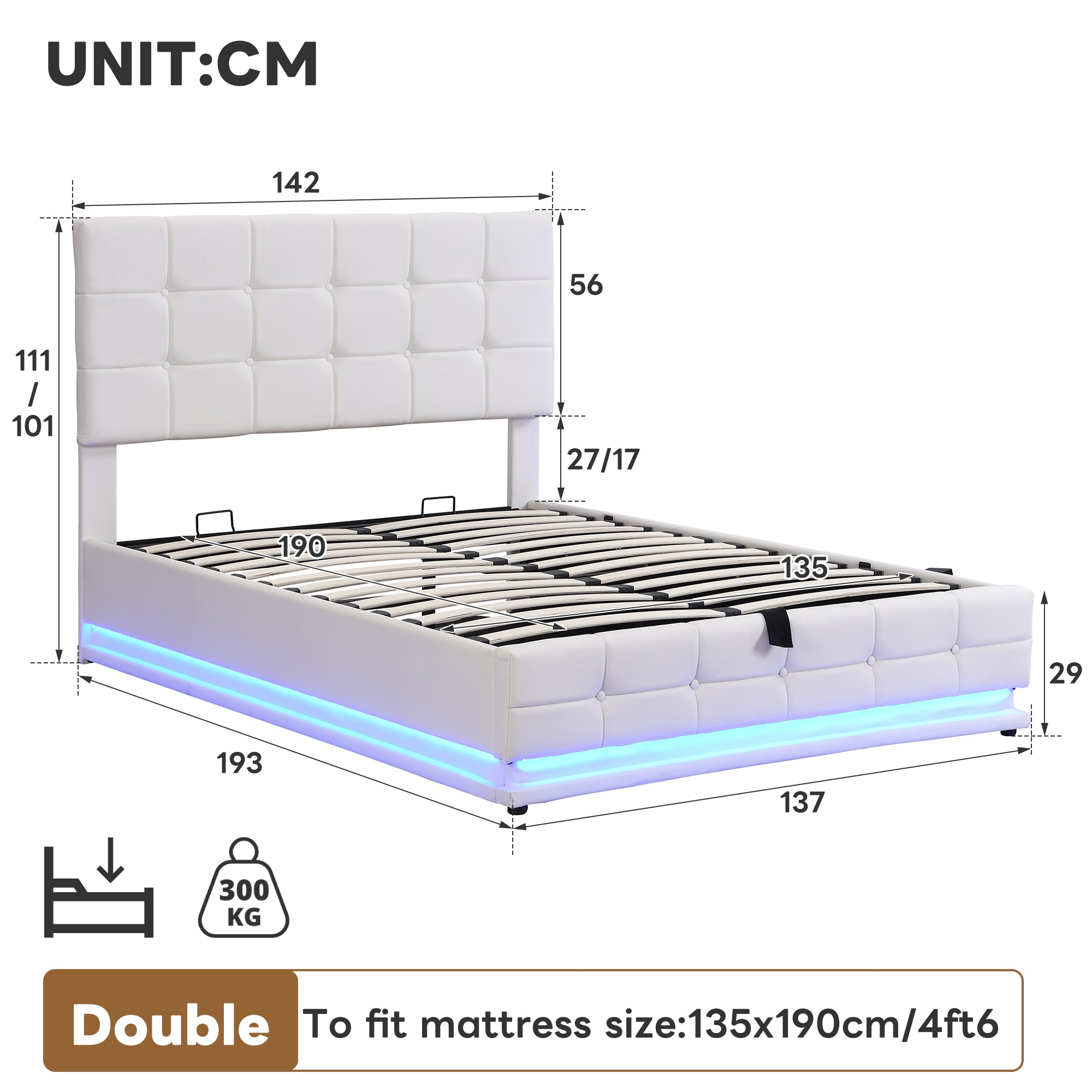 Ottoman Double Bed with LED Lighting, PU Leather Upholstered Bed with Hydraulic Storage, 4ft6 Double Bed Frame with Adjustable Button Tufted Headboard, Cream White (No Mattress)