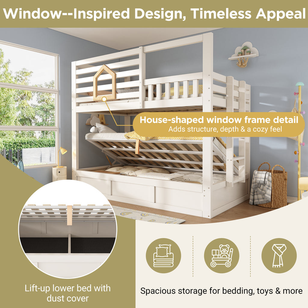 Bunk Beds for Kids with Ladder, Wooden Cabin Bed Hydraulic Storage, Children's House Bed, Twin Sleeper (90+90) x 190 cm, Solid Wood, White