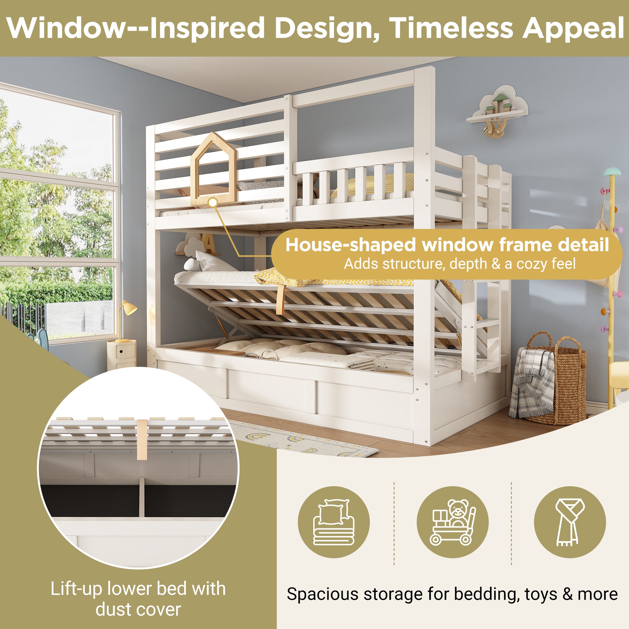 Bunk Beds for Kids with Ladder, Wooden Cabin Bed Hydraulic Storage, Children's House Bed, Twin Sleeper (90+90) x 190 cm, Solid Wood, White