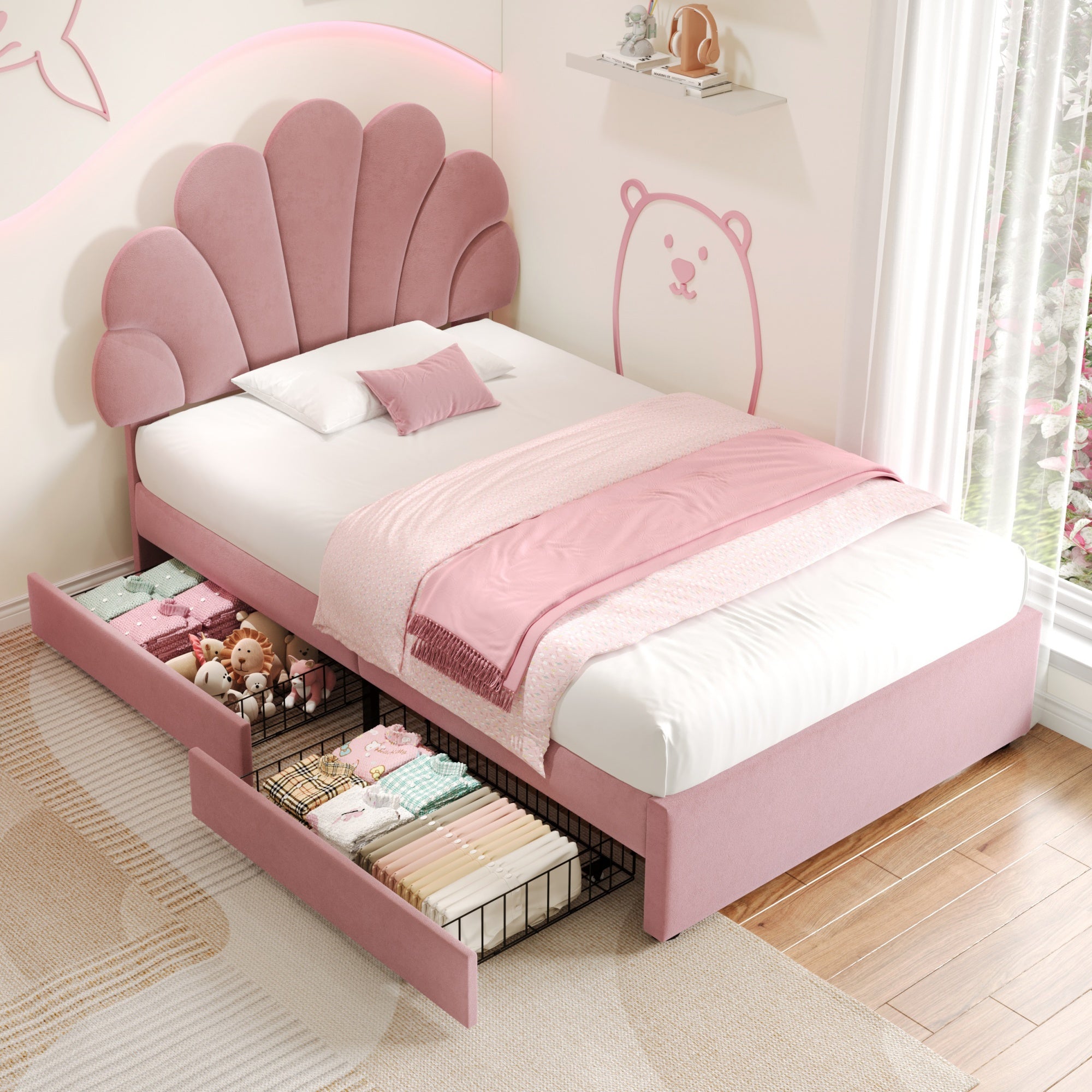 3ft Single Upholstered Bed with Adjustable Chic Petal Headboard, Soft Velvet Bed Frame with 2 Storage Drawers, Petal Bed with Solid Wood Slat, No Box Spring Needed, Easy Assembly, Pink (No Mattress)