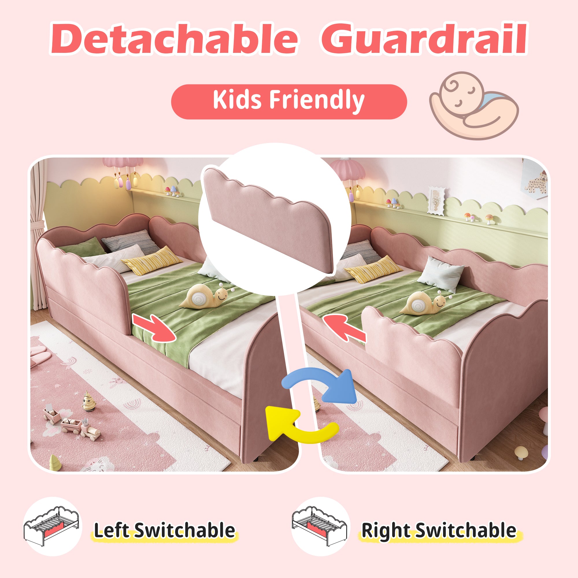 Upholstered Bed Daybed 90 x 190 cm, 3FT Single Bed with Pull out Trundle, Sofa Bed For Adults and Children, Single Daybed With Slatted Frame, Velvet, Pink (No Mattress)