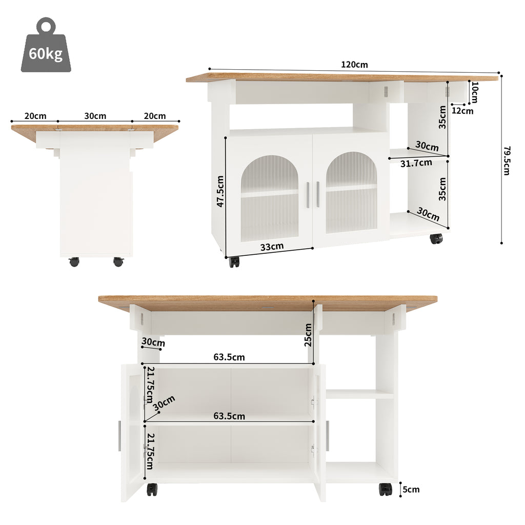 Kitchen island, kitchen cabinet, removable serving trolley, buffet cabinet, dining trolley with wood grain, buffet cabinet, multifunctional dining table with storage space, White