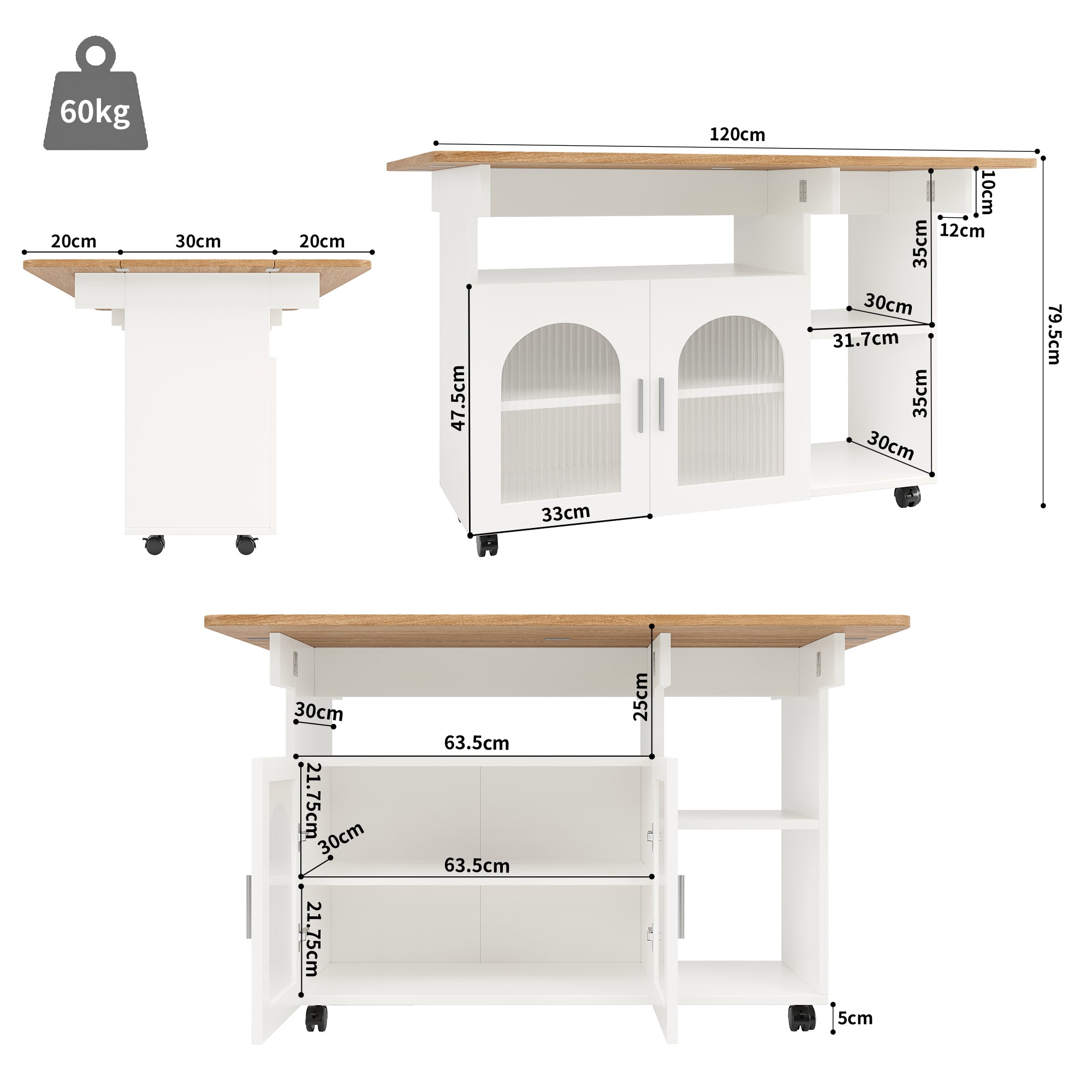 Kitchen island, kitchen cabinet, removable serving trolley, buffet cabinet, dining trolley with wood grain, buffet cabinet, multifunctional dining table with storage space, White