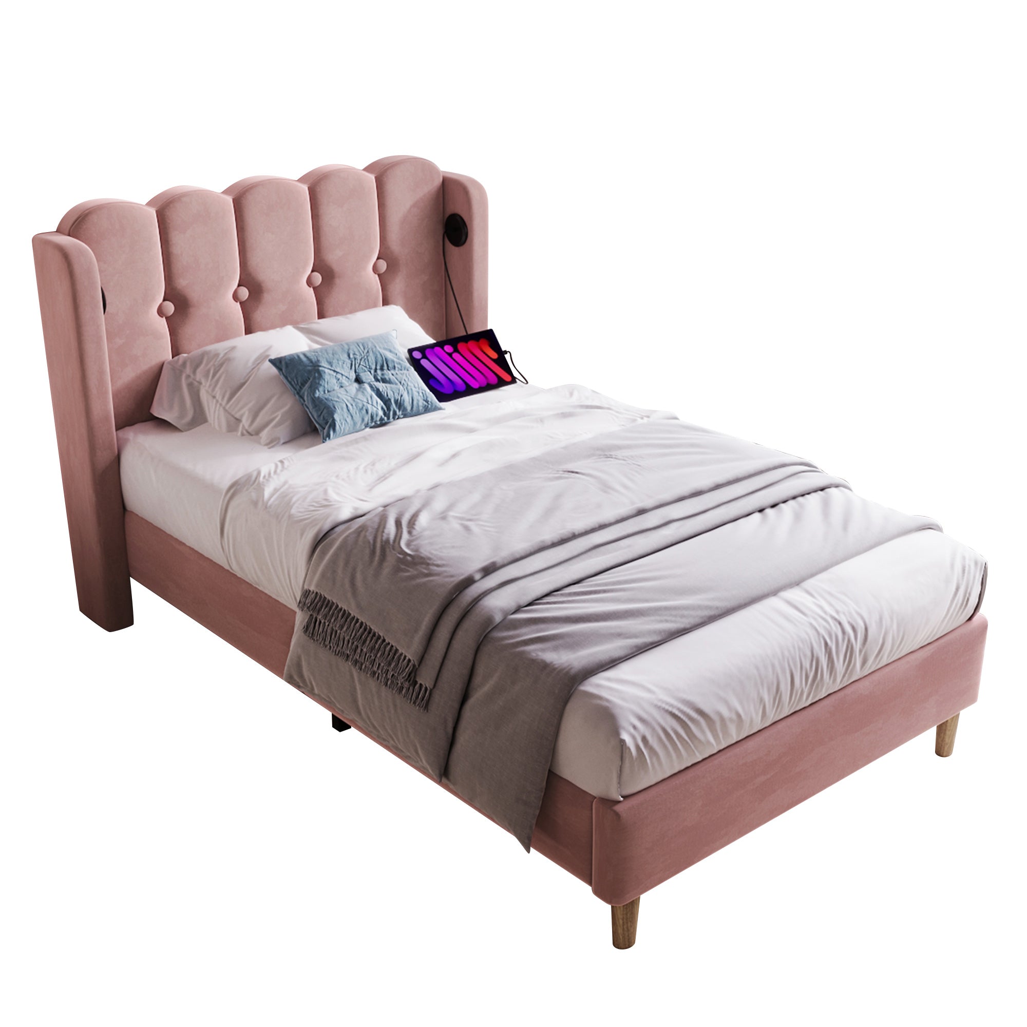 Upholstered Single Bed with USB and Type-C Charging, 3FT Bed Frame with Wooden Slatted Frame, Teenager Bed for Bedroom & Guest Room, 90 x 190 cm, Pink, Velvet (No Mattress).