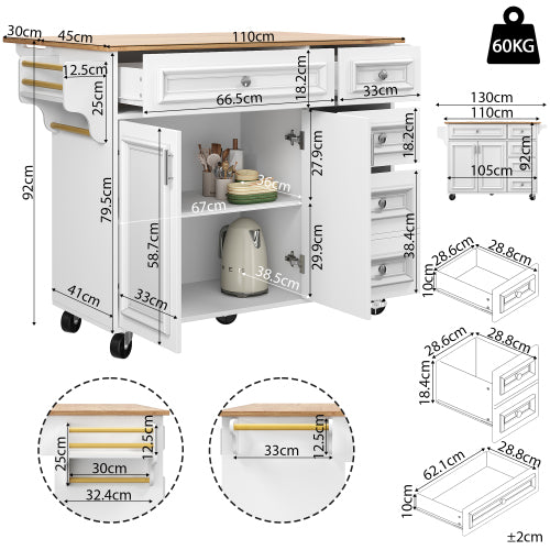 Kitchen island (110×45-75×92cm), removable serving trolley buffet cabinet, dining trolley with vintage pattern, buffet cabinet, multifunctional dining table with storage space, White