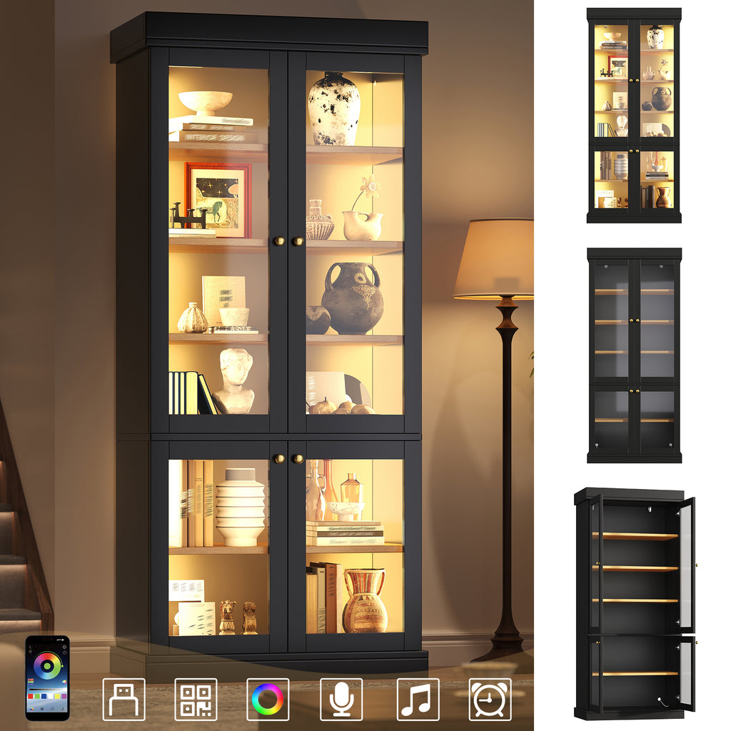 Modern freestanding cabinet with integrated LED mood lighting, glass display case, well-designed interior layout and anti-tip protection; stable, safe and versatile for home use; black