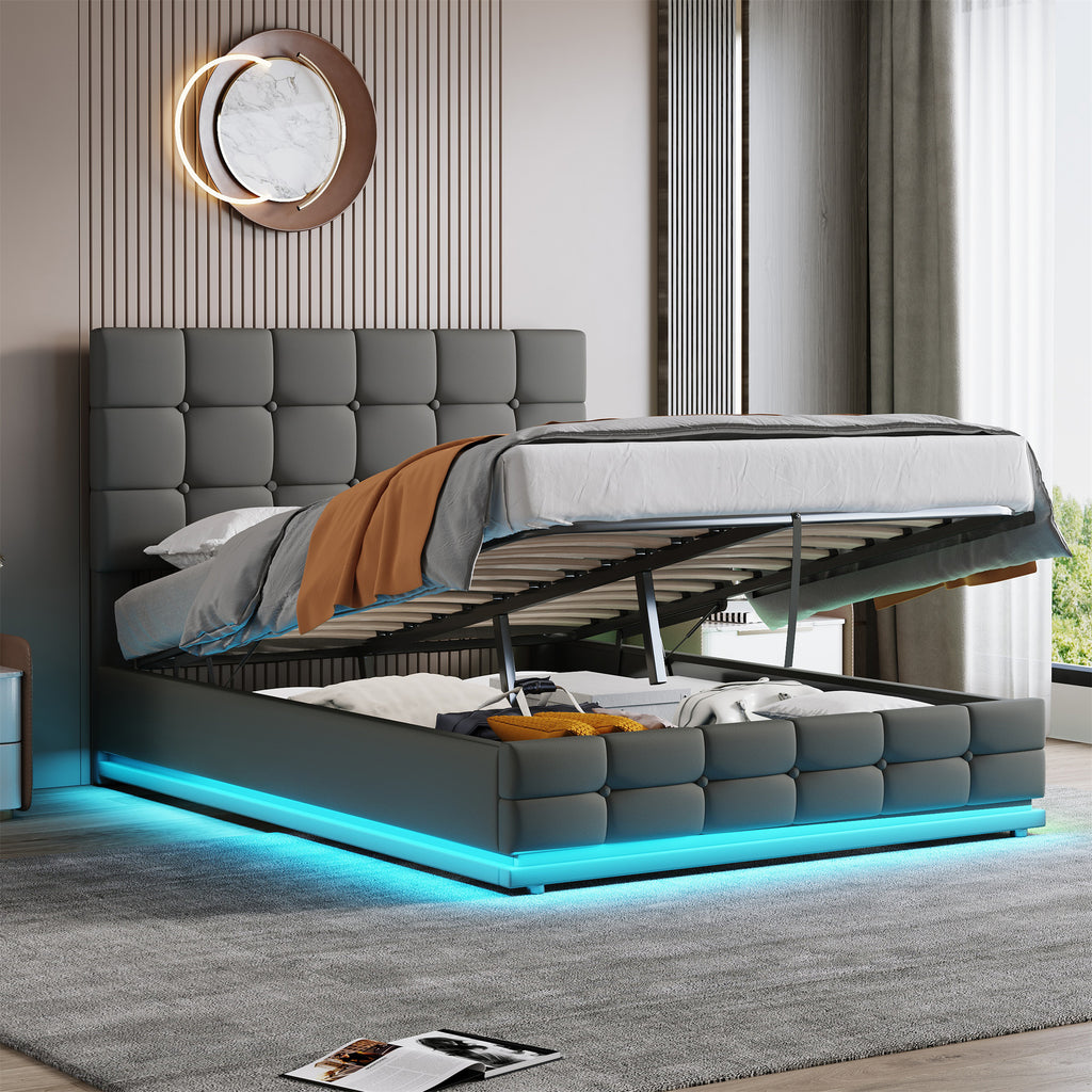 Ottoman Double Bed with LED Lighting, PU Leather Upholstered Bed with Hydraulic Storage, 4ft6 Double Bed Frame with Adjustable Button Tufted Headboard, No Box Spring Needed, Grey (No Mattress)