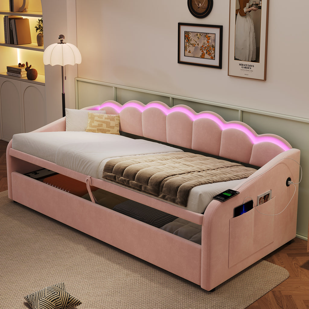 Upholstered Bed 90x190cm, Daybed, RGB LED Sofa Bed with Charging Station, 3ft Petal Shape Single Bed with Hydraulic Storage for Living Room/ Bedroom/ Study Room, Velvet, Pink (No Mattress)