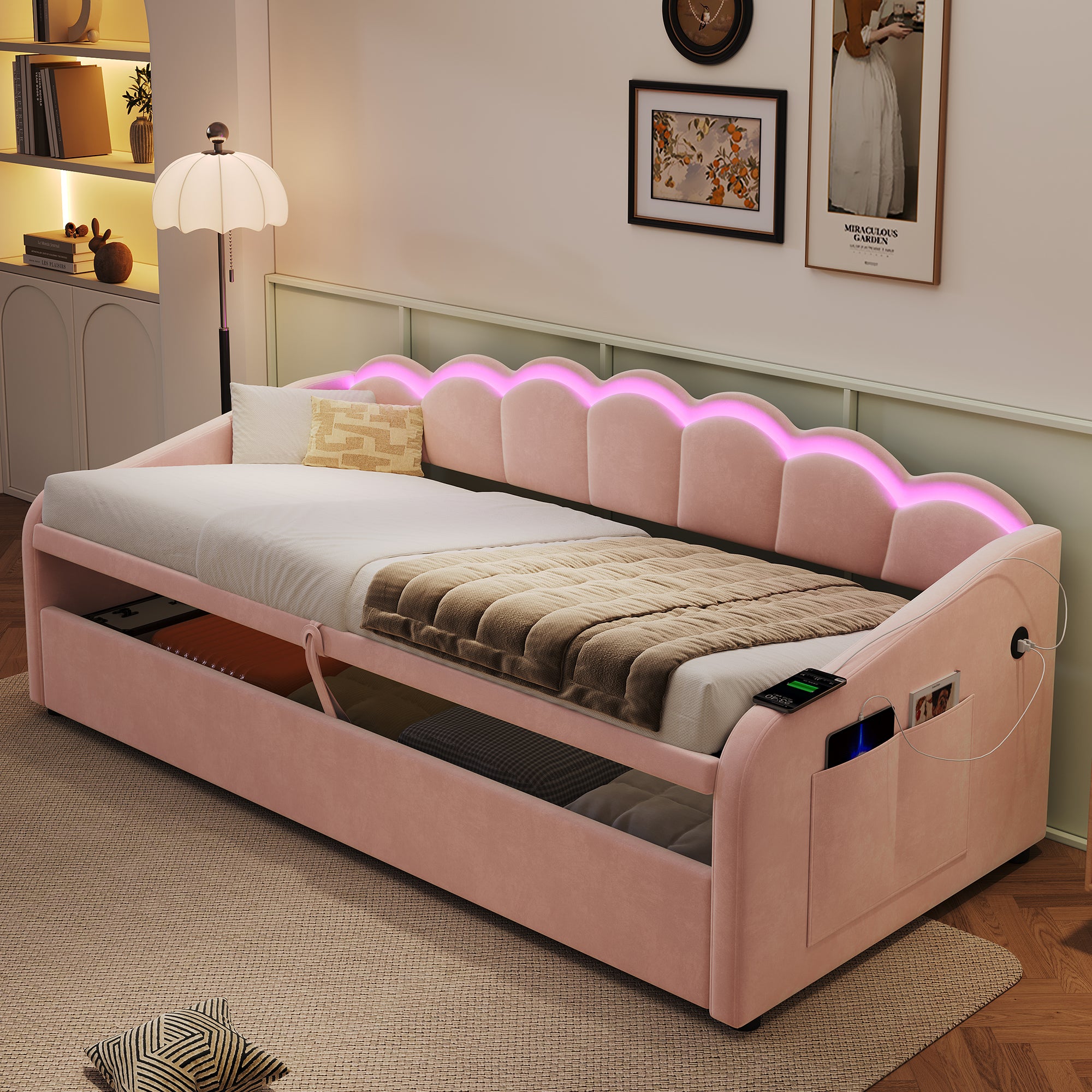Upholstered Bed 90x190cm, Daybed, RGB LED Sofa Bed with Charging Station, 3ft Petal Shape Single Bed with Hydraulic Storage for Living Room/ Bedroom/ Study Room, Velvet, Pink (No Mattress)