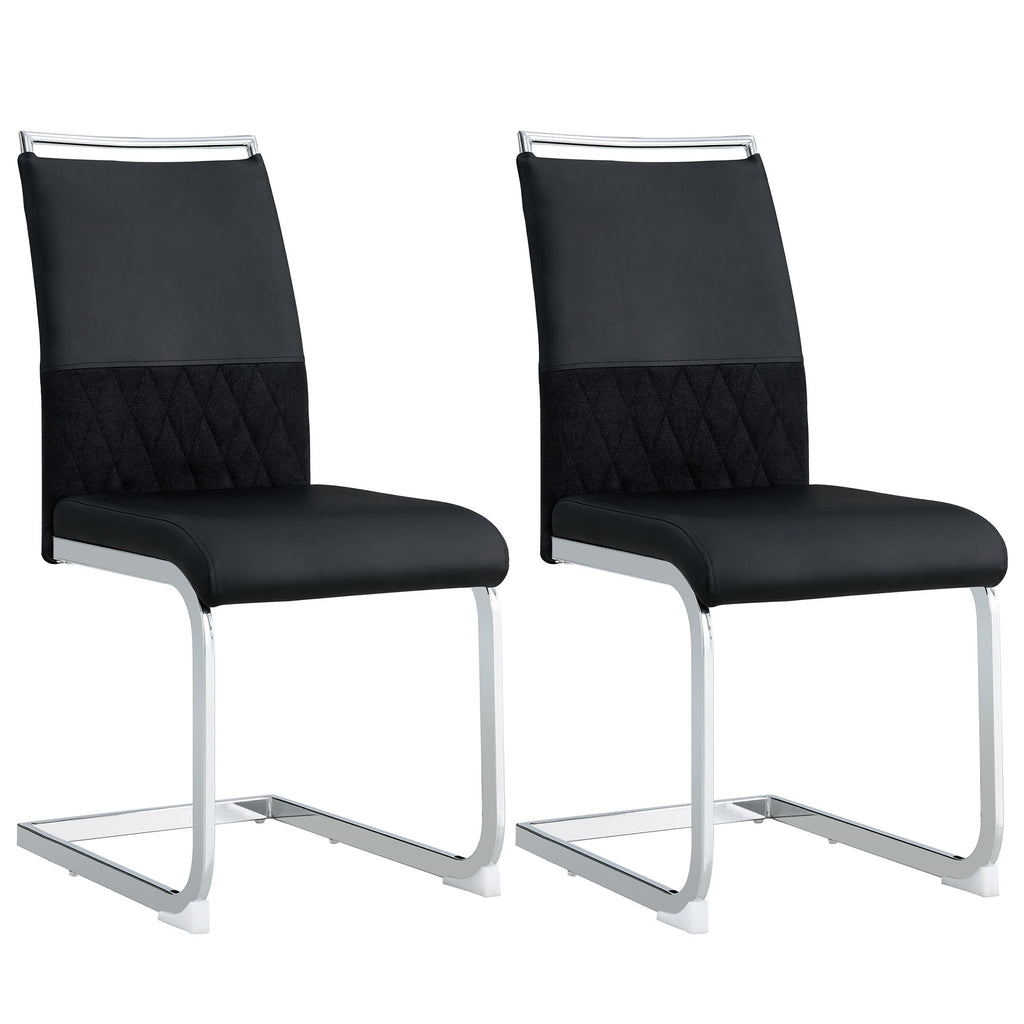 Modern dining chairs set of 2, backrest made of PU faux leather and linen, high back padded side chair, horizontal stripes backrest design for dining room, kitchen, guest office chair, black