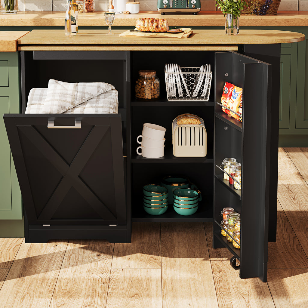 360° Rotating Kitchen Island, Modern Minimalist, Multifunctional Storage Cabinet, Ideal for Bedroom Living Room Dining Room, Swivel Sideboard with Side Shelves, Black Finish, Folding Door Design