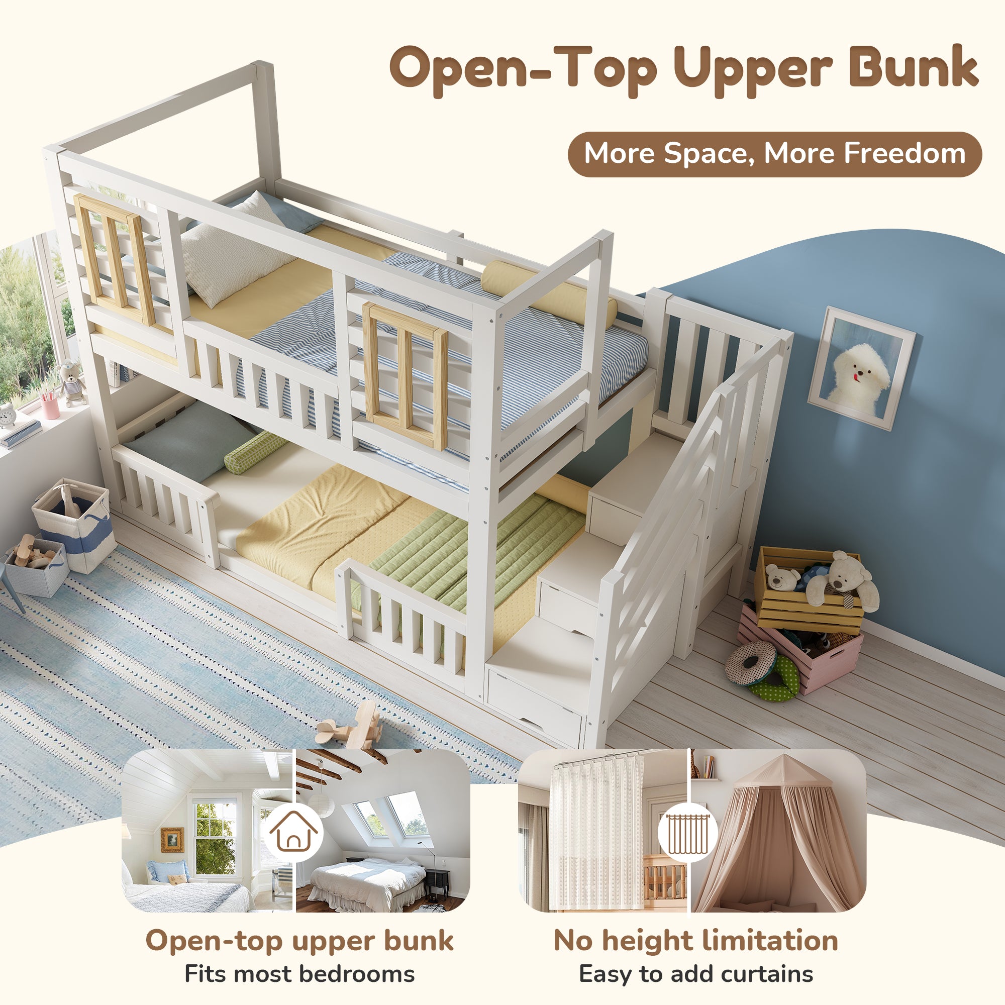 Bunk Beds for Kids, Wooden Cabin Bed with Staircase Storage, Multi-functional Tree-house Bed, Children's House Bed, Twin Sleeper (90+90) x 190 cm, Solid Wood, White