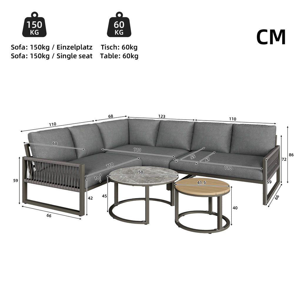 Outdoor garden lounge set, furniture set for 6-7 people, corner sofa with galvanized iron frame, adjustable legs, includes all seat and back cushions, grey