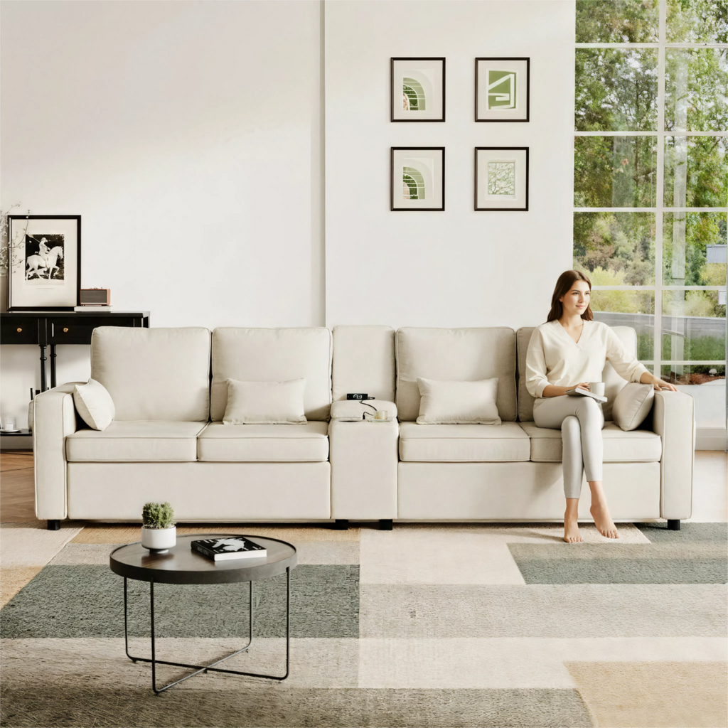4-Seater Modern Sofa with Storage Console, Minimalist Style Couch with Side Pockets, Cup Holders and Charging Ports (USB & Type-C), for Living Room, Apartment, Office,Beige, Linen Fabric